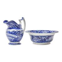 A Staffordshire Historical Blue "Upper Ferry Bridge Over the River Schuylkill" Wash Pitcher and Basin