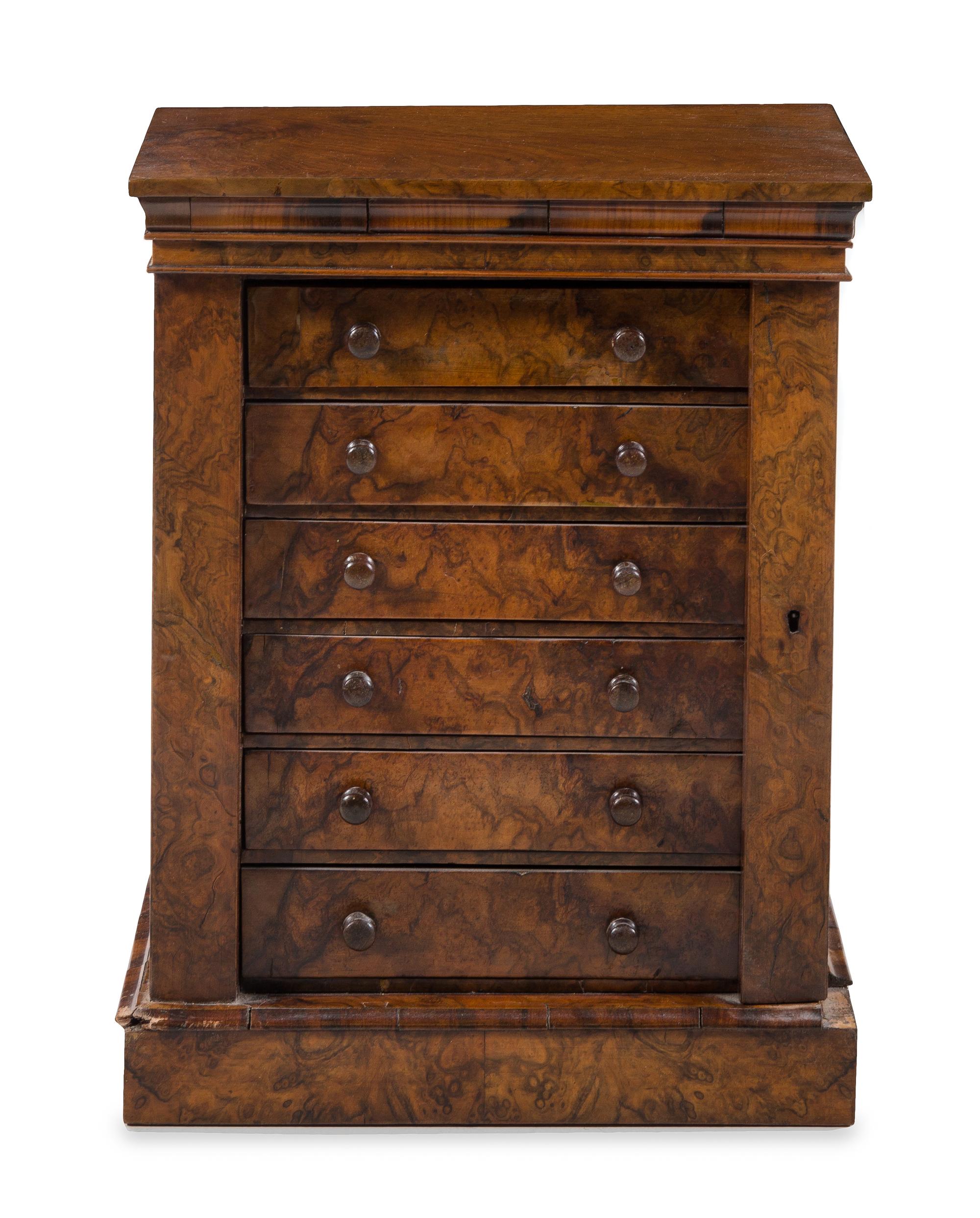 A Victorian Burl Walnut Wellington Chest Height 20 1/2 x width 15 1/2 x depth 8 3/4 inches. — 19TH CENTURY