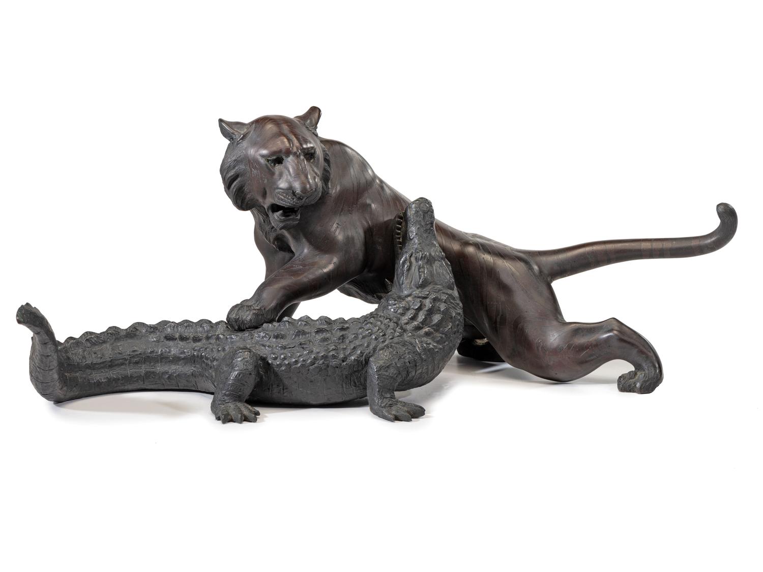 A Japanese Meiji Bronze Tiger and Alligator Sculptural Group