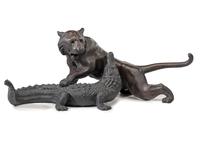 A Japanese Meiji Bronze Tiger and Alligator Sculptural Group