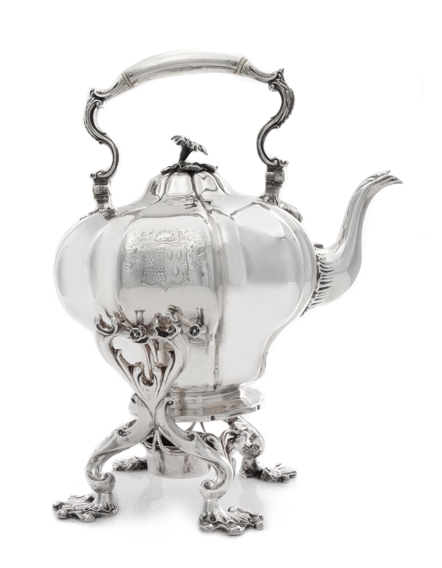 A William IV Silver Kettle-on-Stand, J. Wrangham & William Moulson, London, 1836, the domed lid with a floral finial above the fluted b
