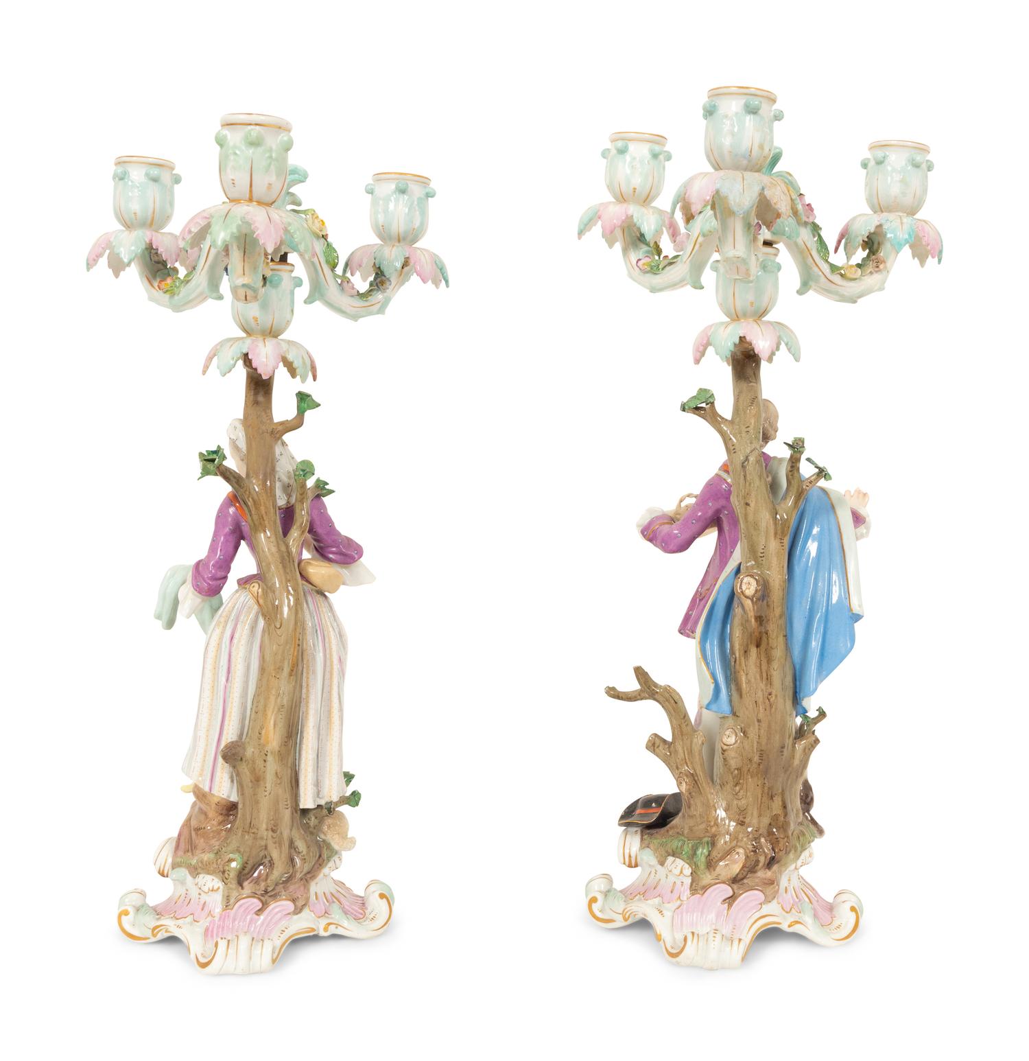 A Pair of Meissen Porcelain Figural Candelabra