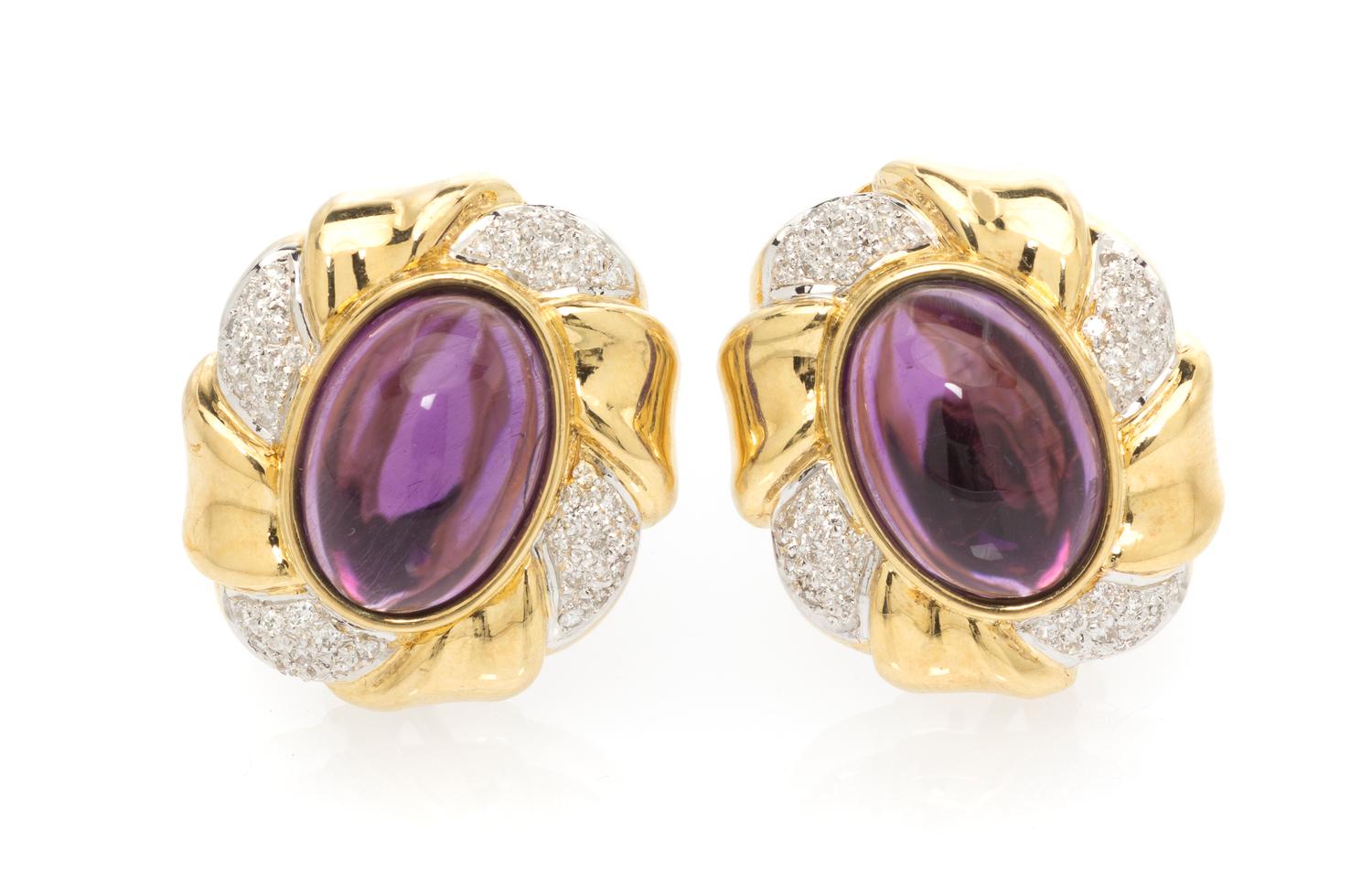 A Pair of 18 Karat Yellow Gold, Amethyst and Diamond Earclips, 16.10 dwts.