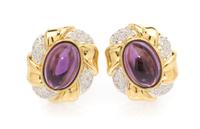 A Pair of 18 Karat Yellow Gold, Amethyst and Diamond Earclips, 16.10 dwts.