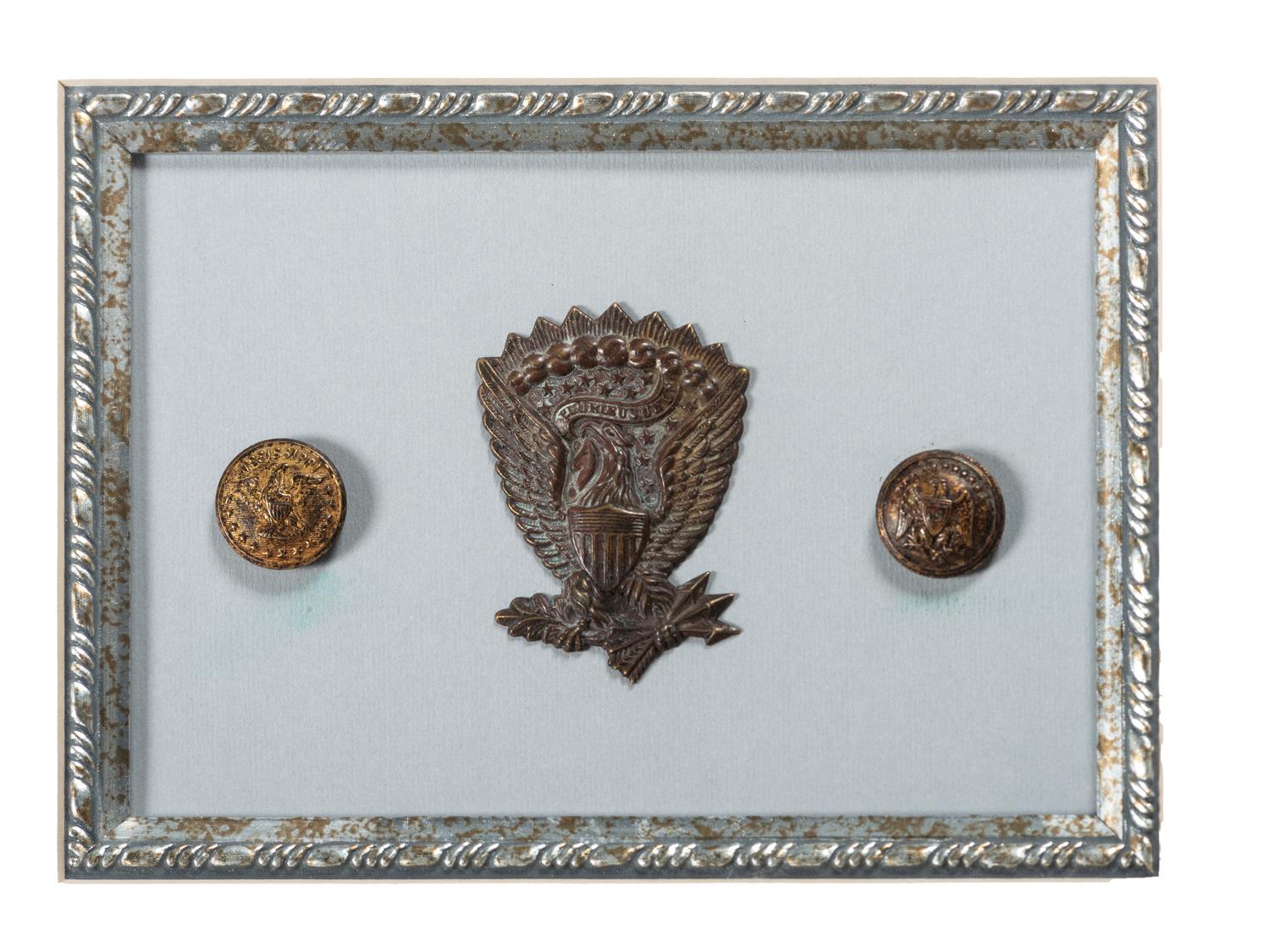 [CIVIL WAR]. A group of Confederate buttons and Union hat insignia framed with engraving, comprising: