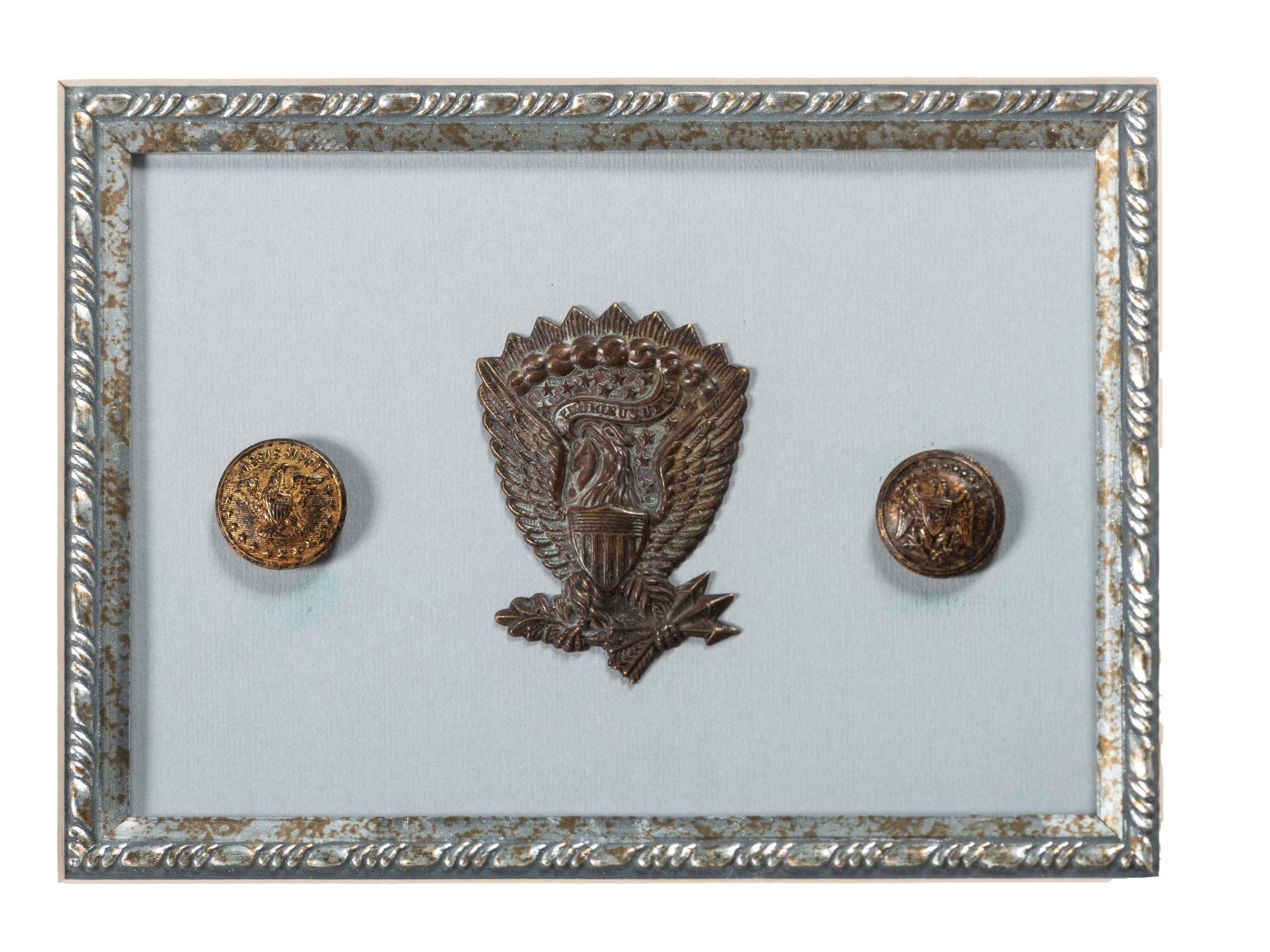 [CIVIL WAR]. A group of Confederate buttons and Union hat insignia framed with engraving, comprising:
