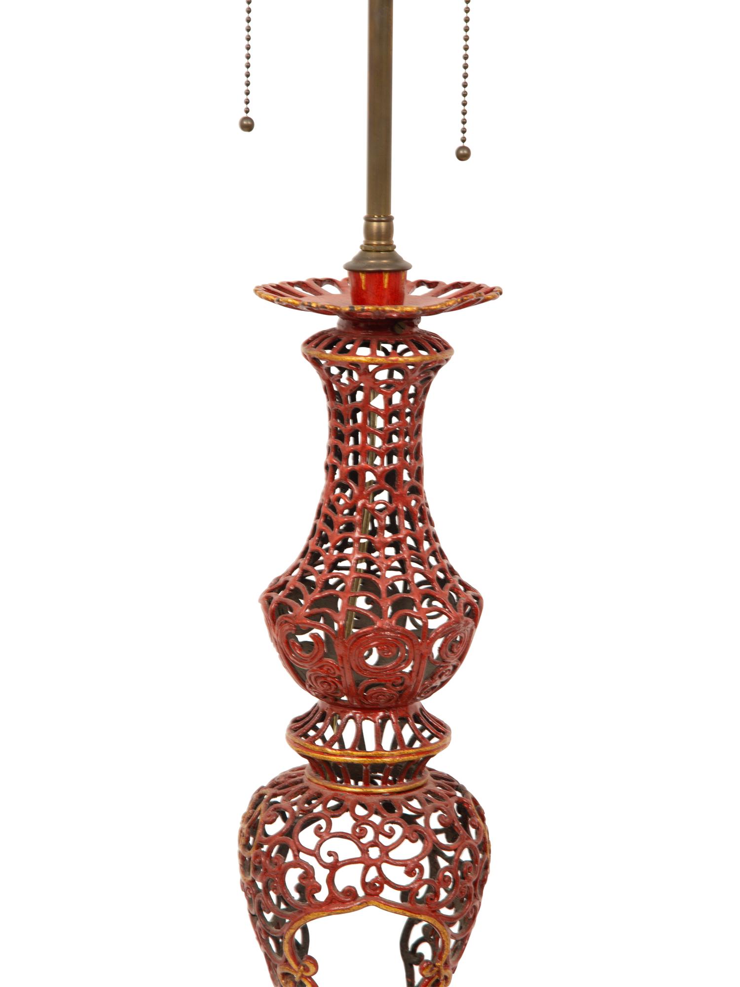 A Pair of Chinese Design Red-Painted and Parcel Gilt Reticulated Metal Table Lamps