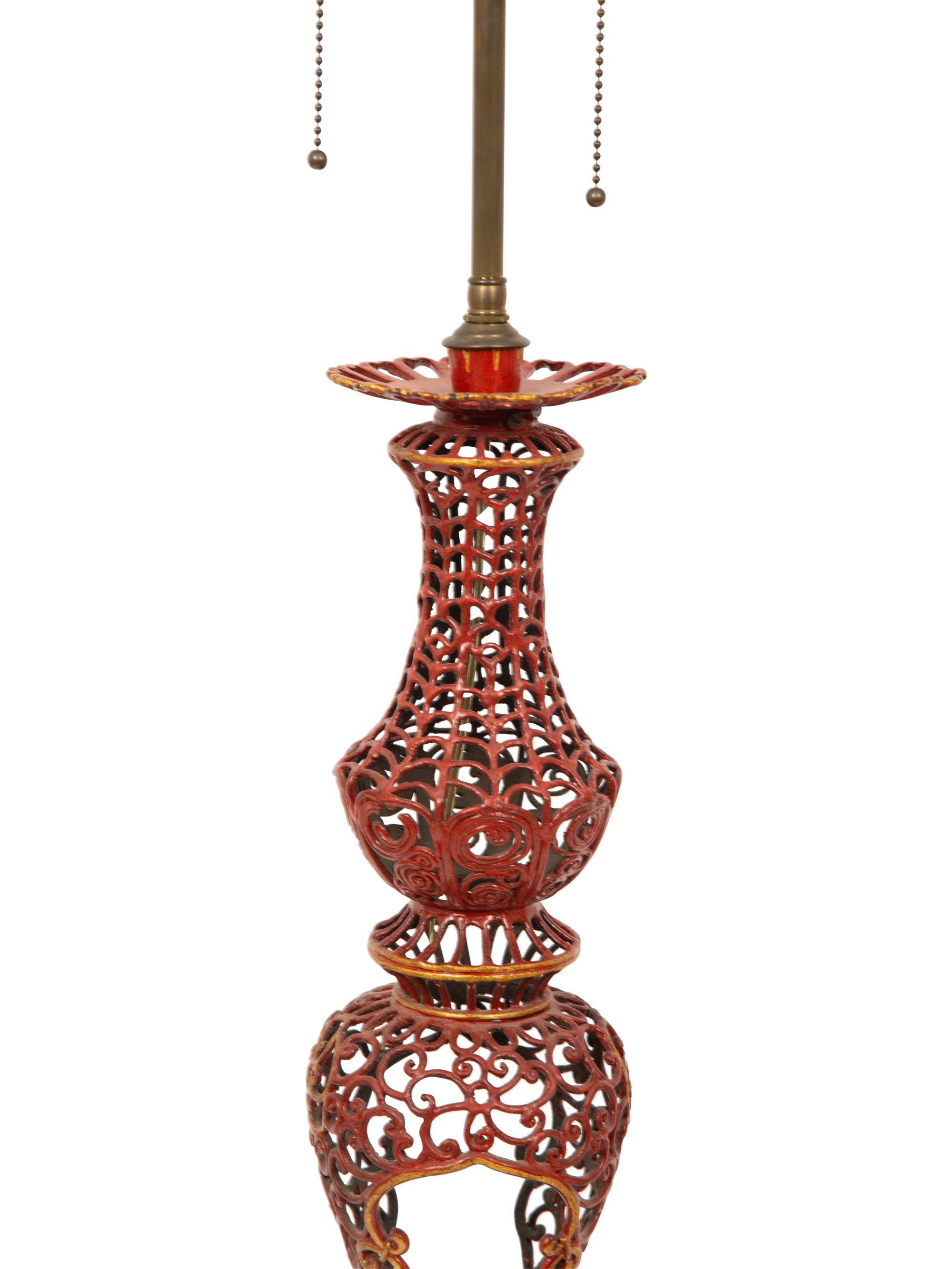 A Pair of Chinese Design Red-Painted and Parcel Gilt Reticulated Metal Table Lamps