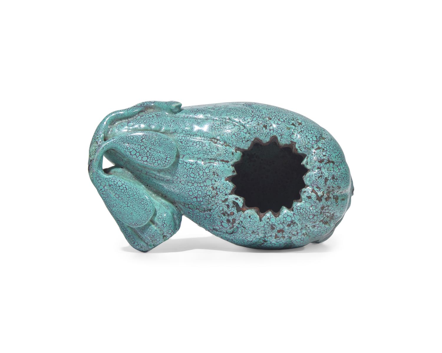 A Chinese "Robin's-Egg" Glazed Porcelain Gourd-Form Coupe and Integral Stand 窯變釉瓜型水丞