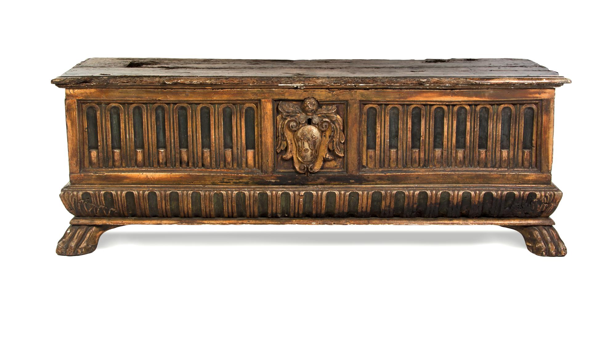 An Italian Renaissance Style Oak Coffer, 19TH CENTURY WITH EARLIER ELEMENTS, Height 22 x width 62 inches. — 19TH CENTURY WITH EARLIER ELEMENTS,