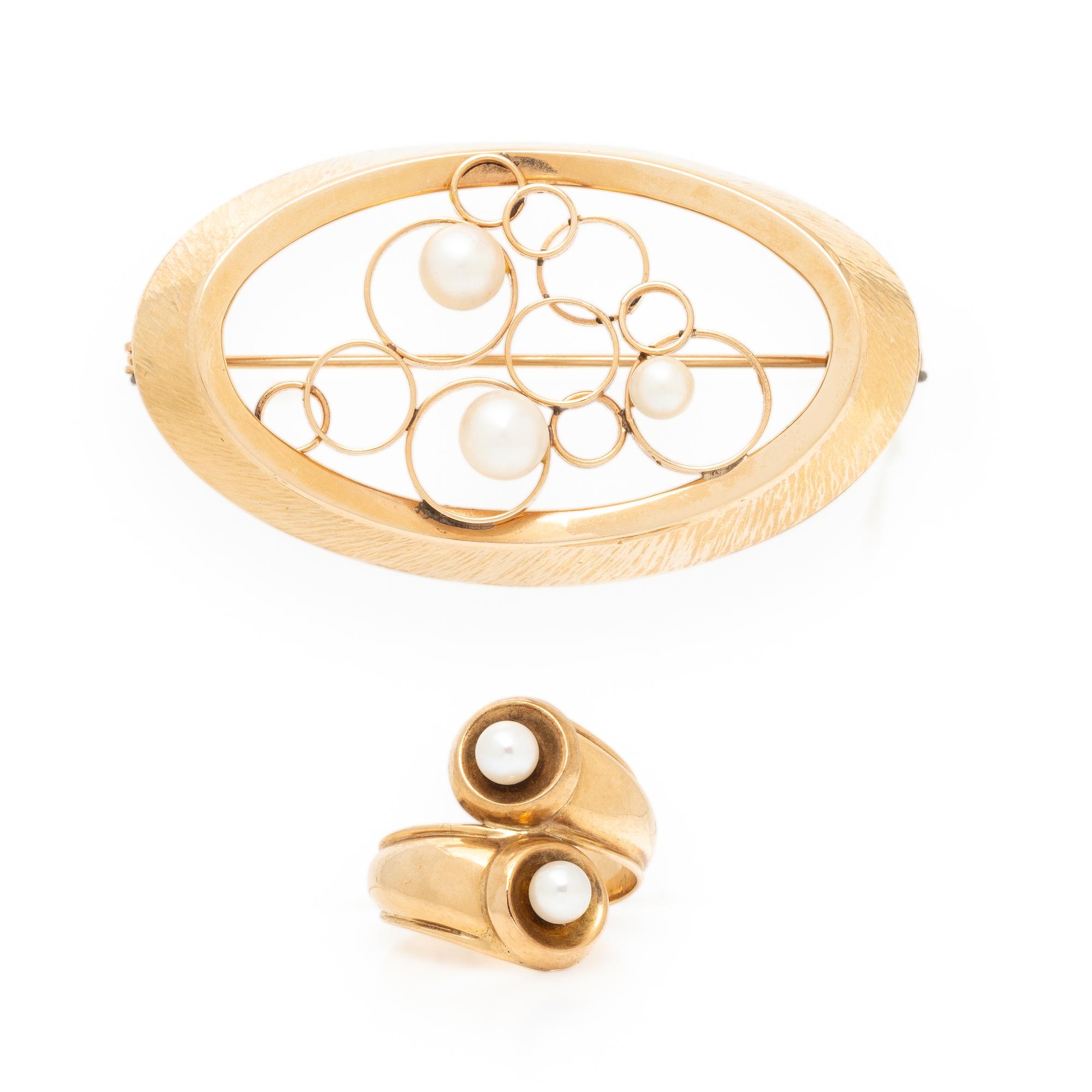 FINNISH, YELLOW GOLD AND CULTURED PEARL RING AND BROOCH