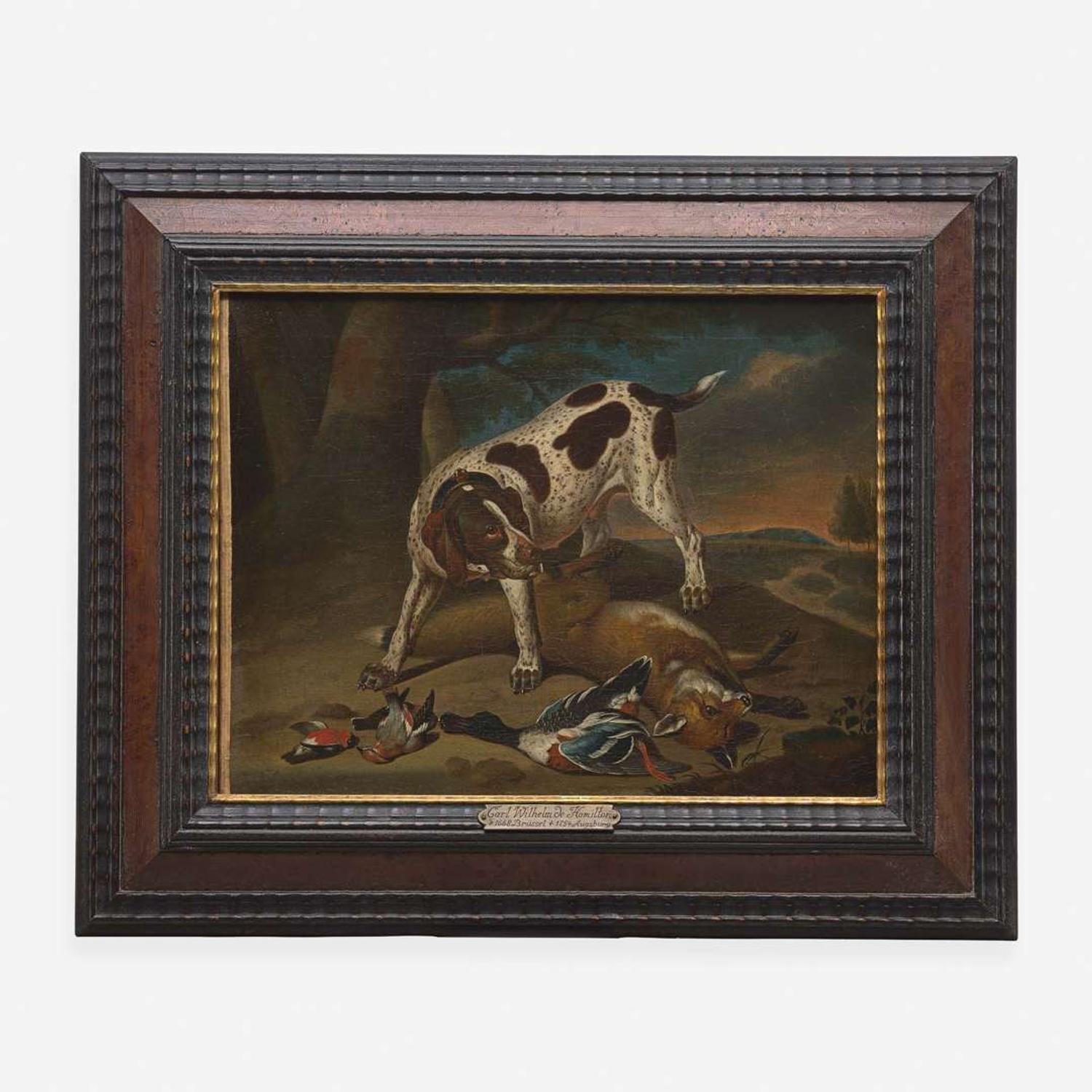 Attributed to Carl Wilhelm de Hamilton (Flemish, 1668–1754) Hound, Fox and Hunt Trophies in a Landscape