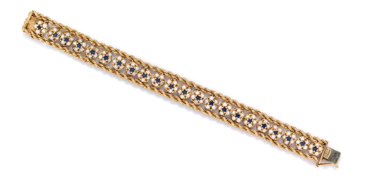 A 14 Karat Yellow Gold, Cultured Pearl and Sapphire Bracelet, 19.50 dwts.