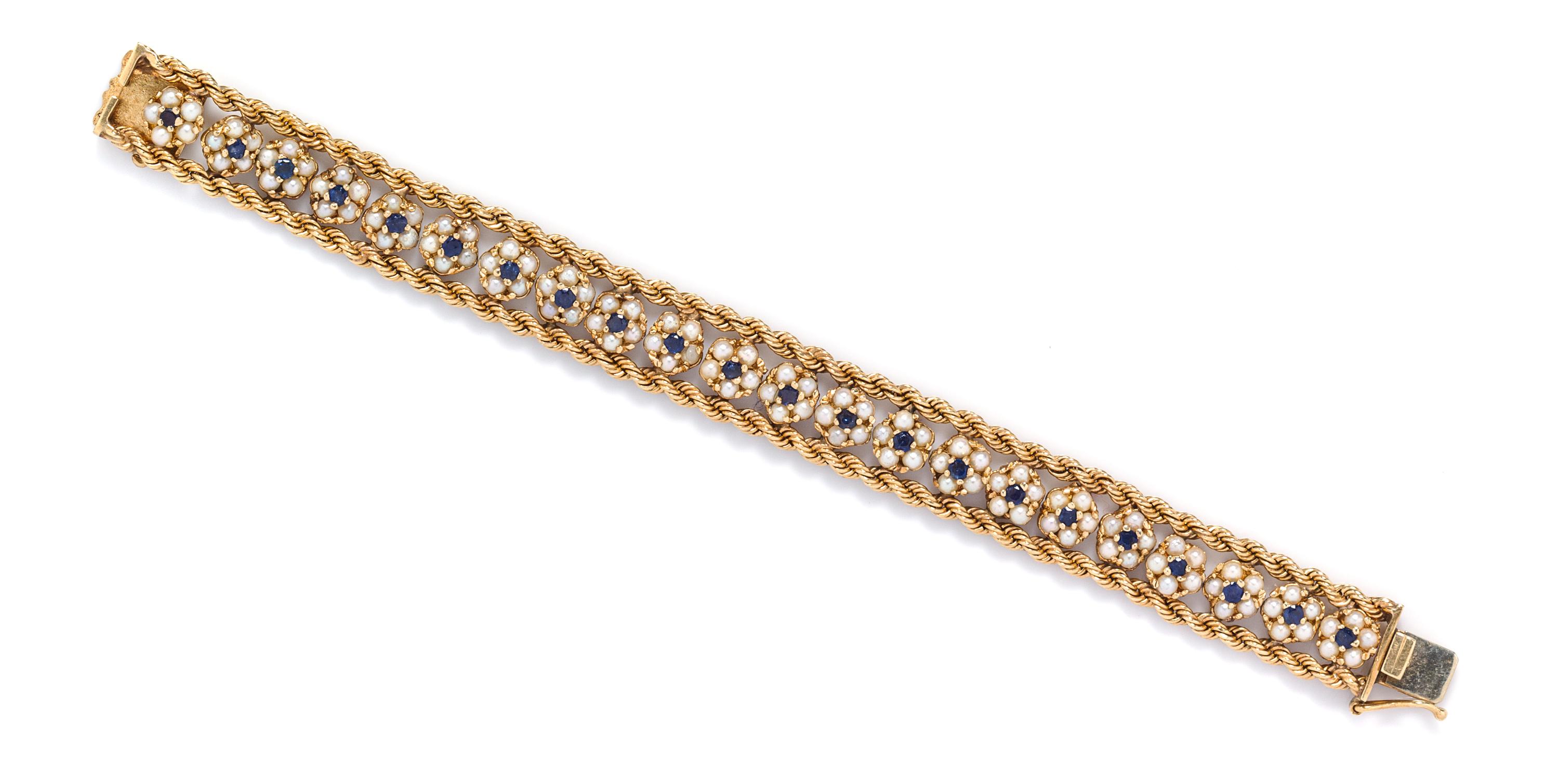 A 14 Karat Yellow Gold, Cultured Pearl and Sapphire Bracelet, 19.50 dwts.