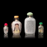 Four Inside Painted Glass Snuff Bottles, 20th Century 近代 玻璃內畫鼻煙壺四支