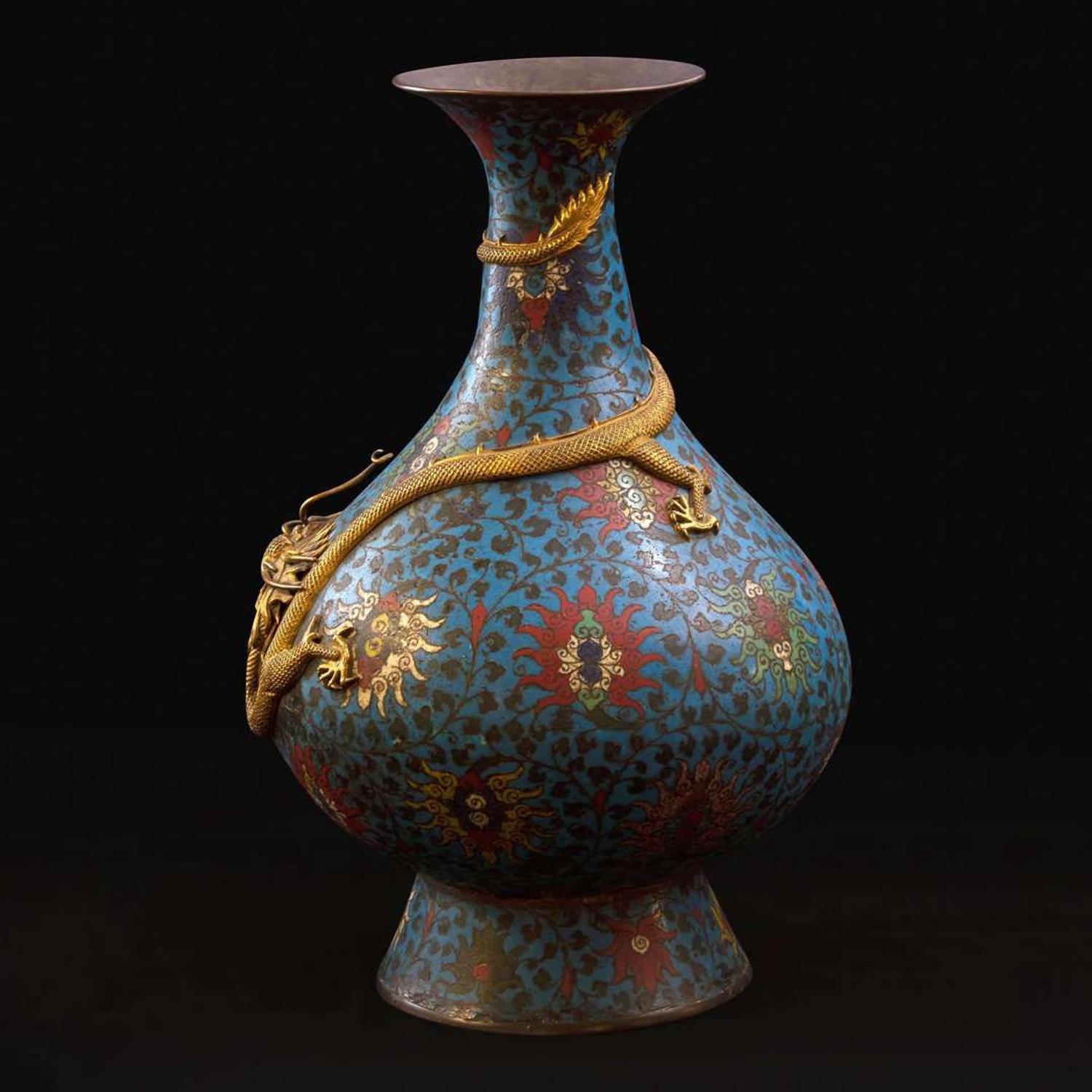 A large and impressive Chinese gilt-repoussé-embellished cloisonné vase 铜鎏金掐丝珐琅蟠龙瓶 The vase 17th/early 18th century, with later embellishment ???????????? ???