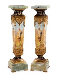 A Pair of Napoleon III Style Gilt Metal Mounted Marble and Metal Pedestals