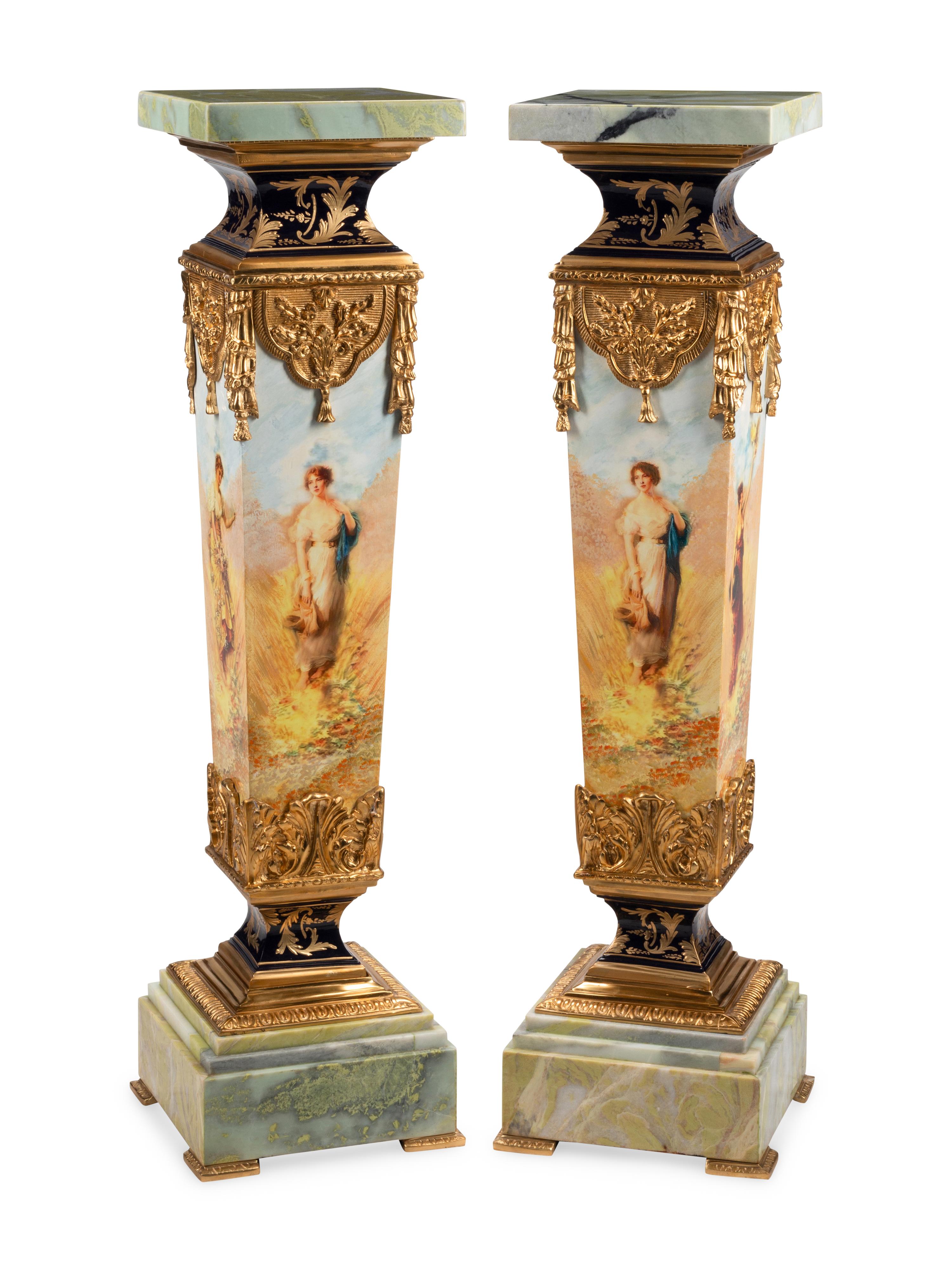 A Pair of Napoleon III Style Gilt Metal Mounted Marble and Metal Pedestals