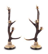 A Pair of Silvered Metal Mounted Antler Three-Light Candelabra