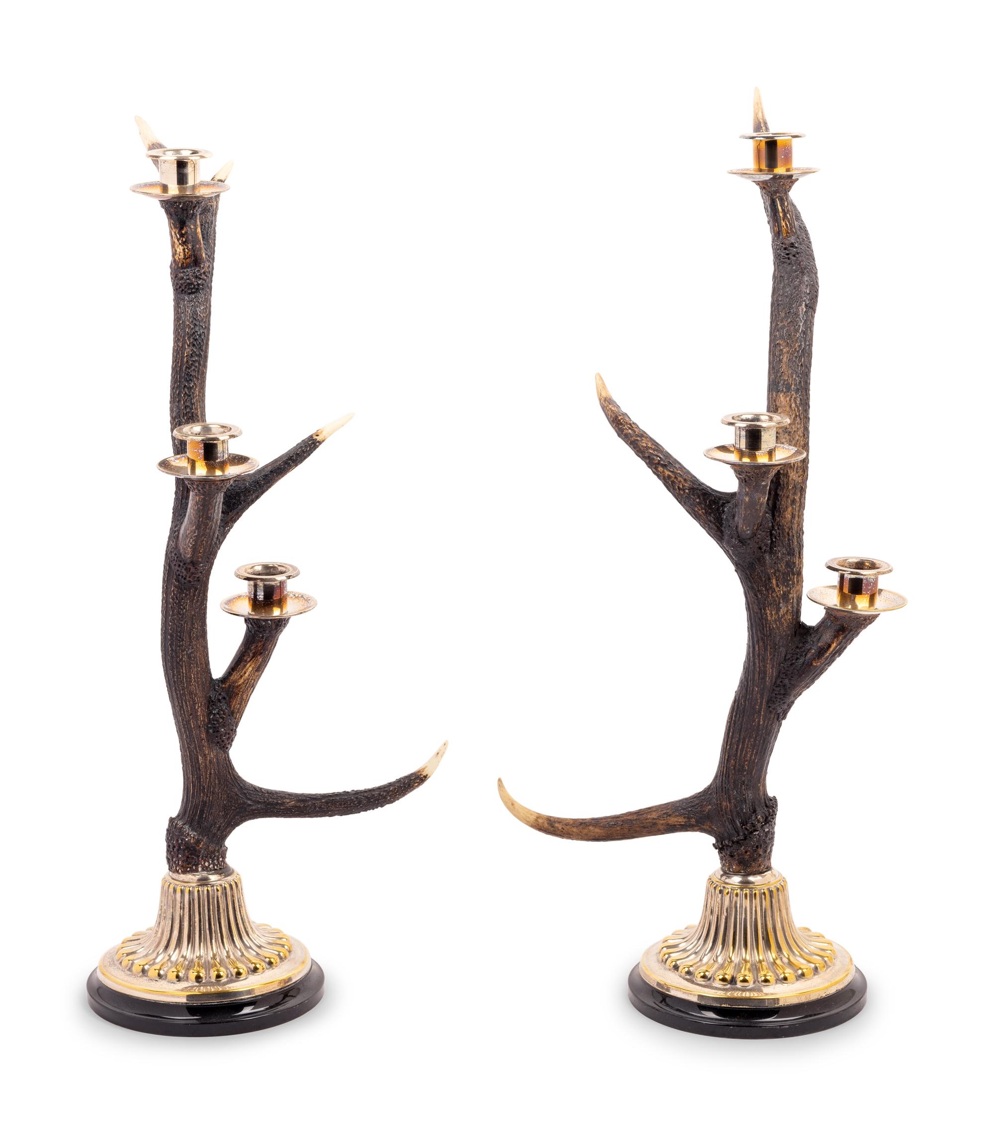 A Pair of Silvered Metal Mounted Antler Three-Light Candelabra
