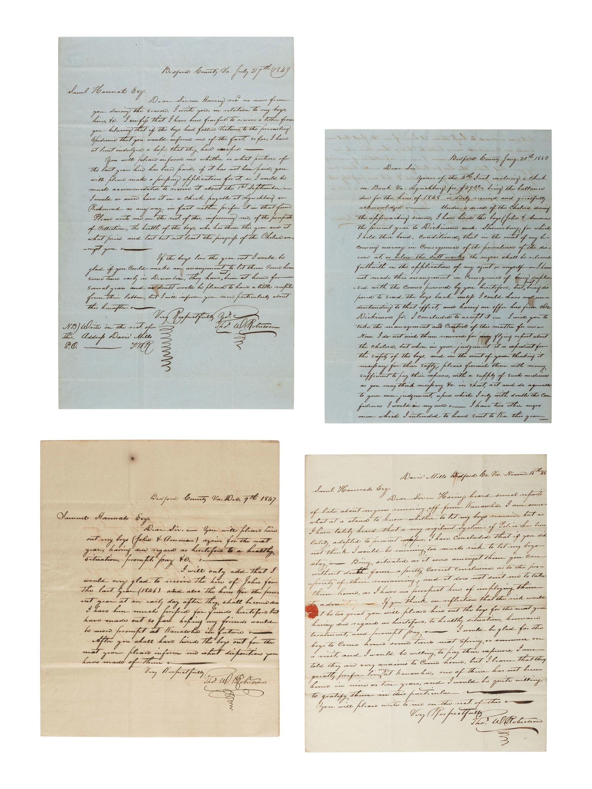 [ABOLITION & SLAVERY]. Letter group related to enslaved persons working seasonally in the Western Virginia salt industry.