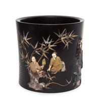 A Large Hardstone Inset Zitan Wood Brushpot Height 9 inches.
