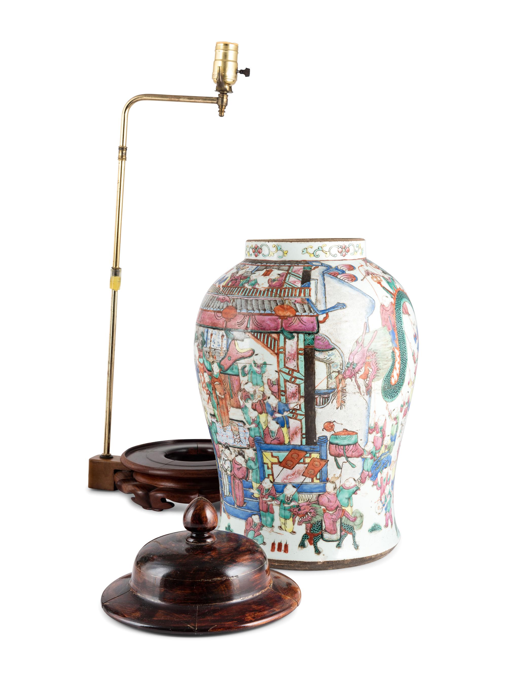 Two Chinese Enameled Porcelain Jars, Mounted as Lamps