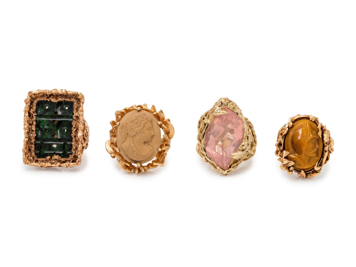 A Collection of 14 Karat Yellow Gold and Hardstone Rings,