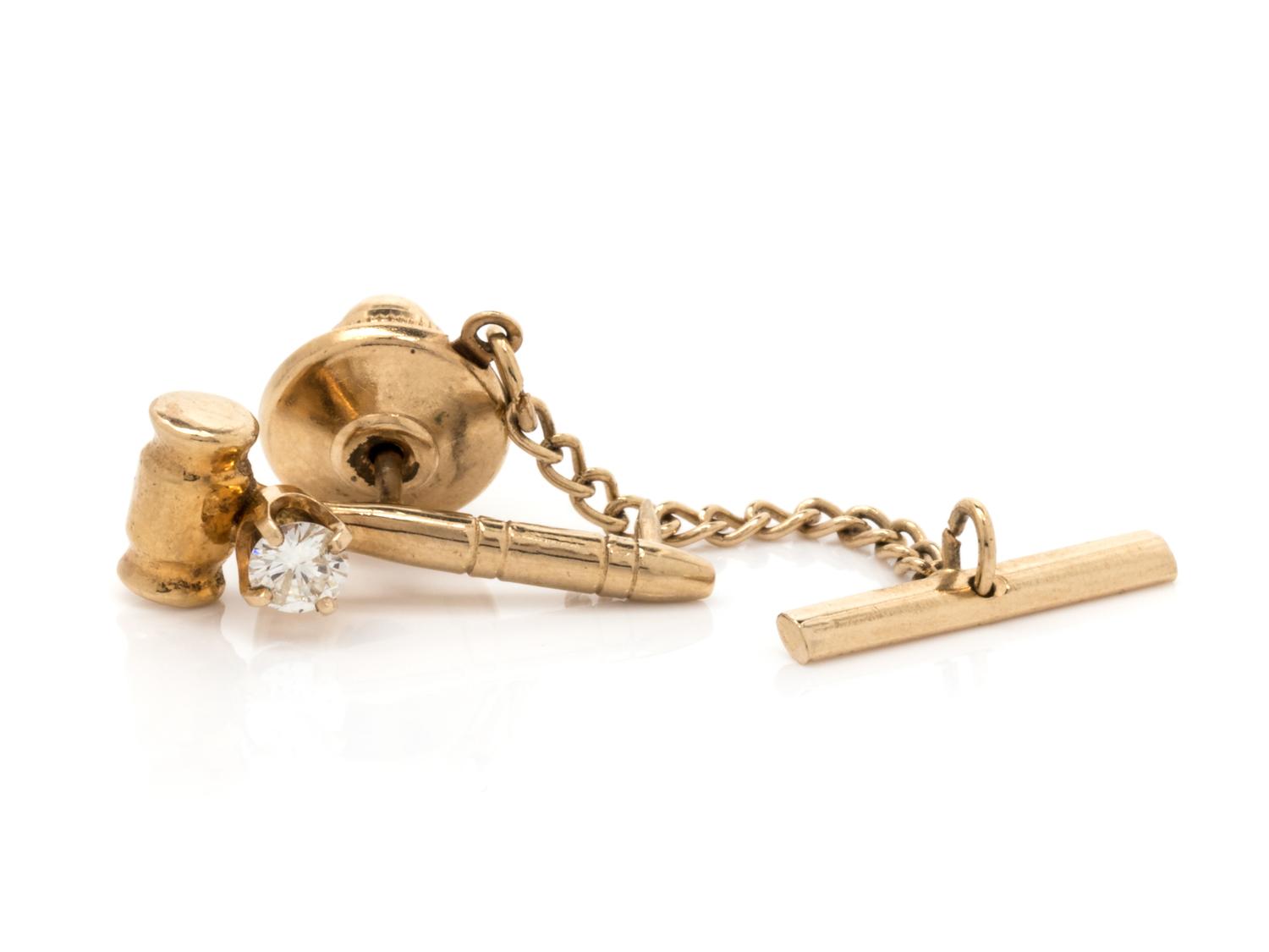A 14 Karat Yellow Gold and Diamond Gavel Motif Tie Tack,
