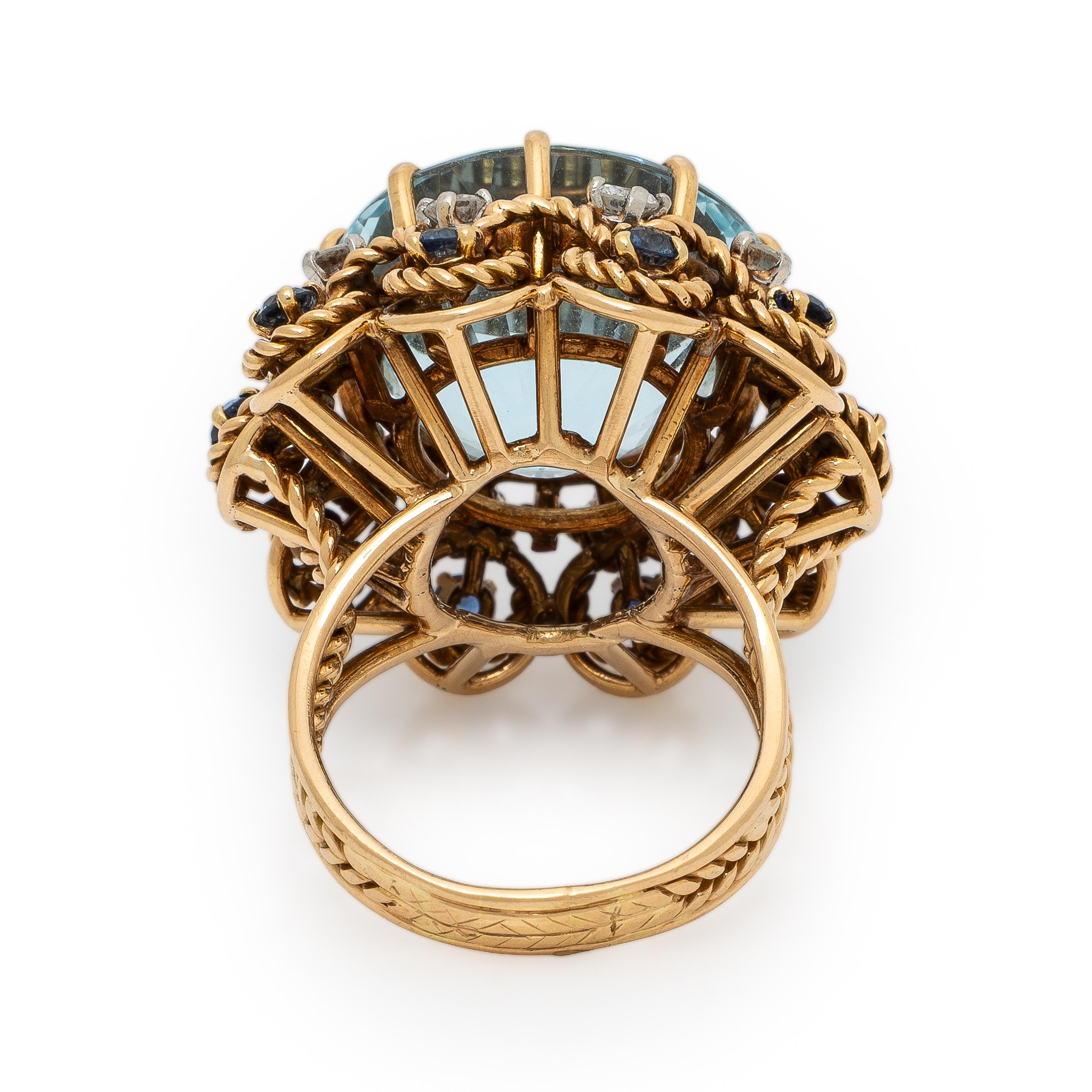 Retro, Aquamarine, Diamond, Sapphire, and Rose Gold Ring