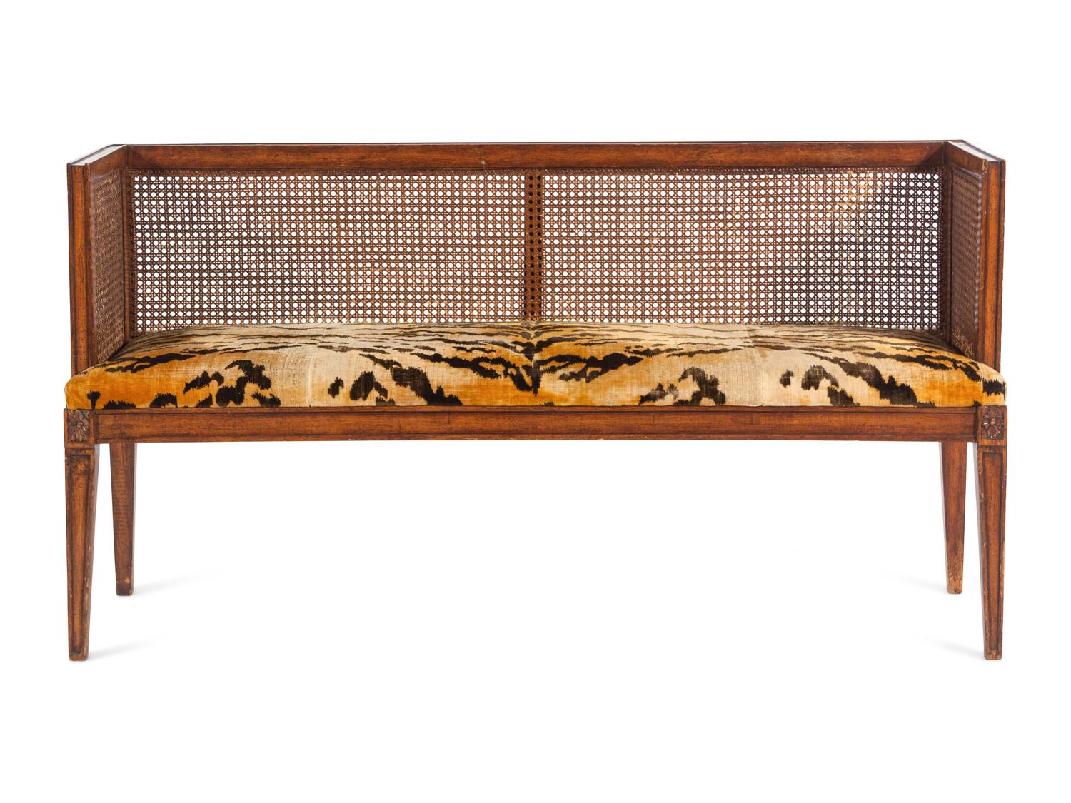 An Italian Style Walnut Bench with Tiger Velvet Upholstery