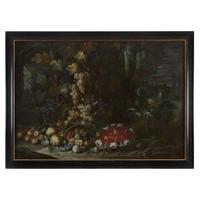 NEAPOLITAN SCHOOL (17TH CENTURY) STILL LIFE WITH FLOWERS, FRUITS AND VEGETABLES BESIDE A FOUNTAIN IN A VILLA GARDEN; TOGETHER WITH A COMPANION