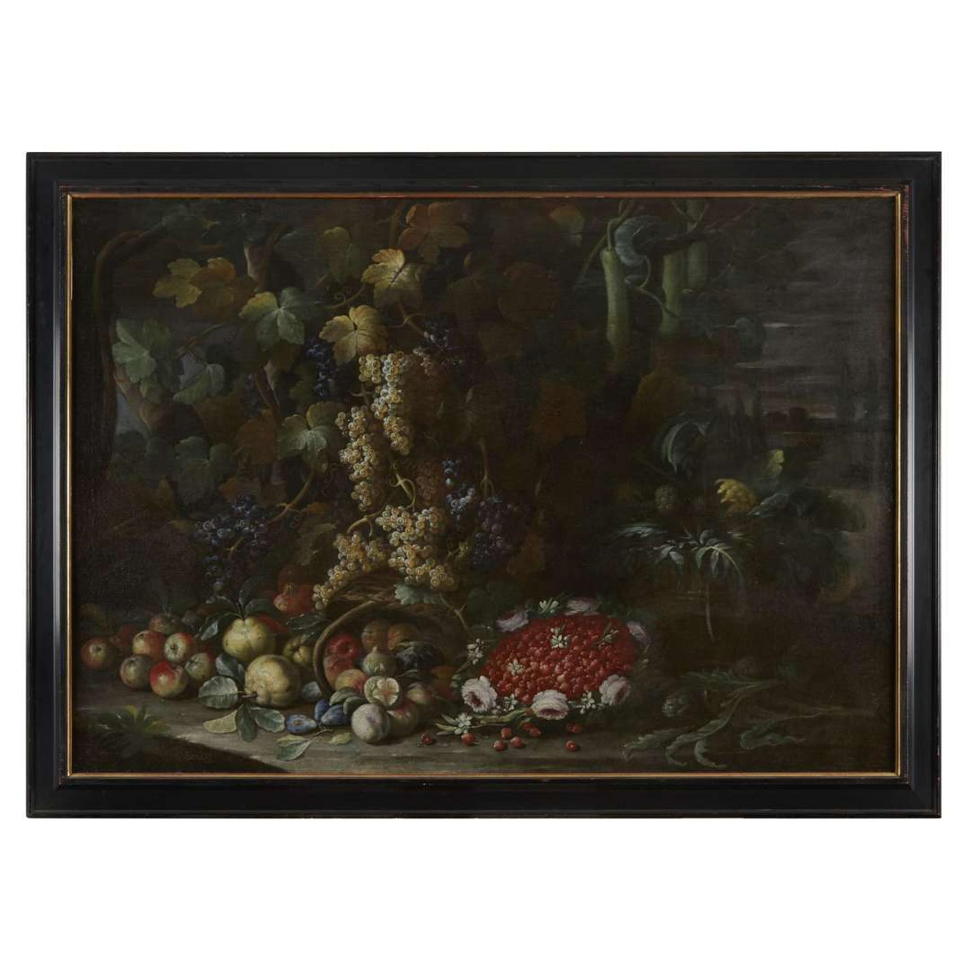 NEAPOLITAN SCHOOL (17TH CENTURY) STILL LIFE WITH FLOWERS, FRUITS AND VEGETABLES BESIDE A FOUNTAIN IN A VILLA GARDEN; TOGETHER WITH A COMPANION