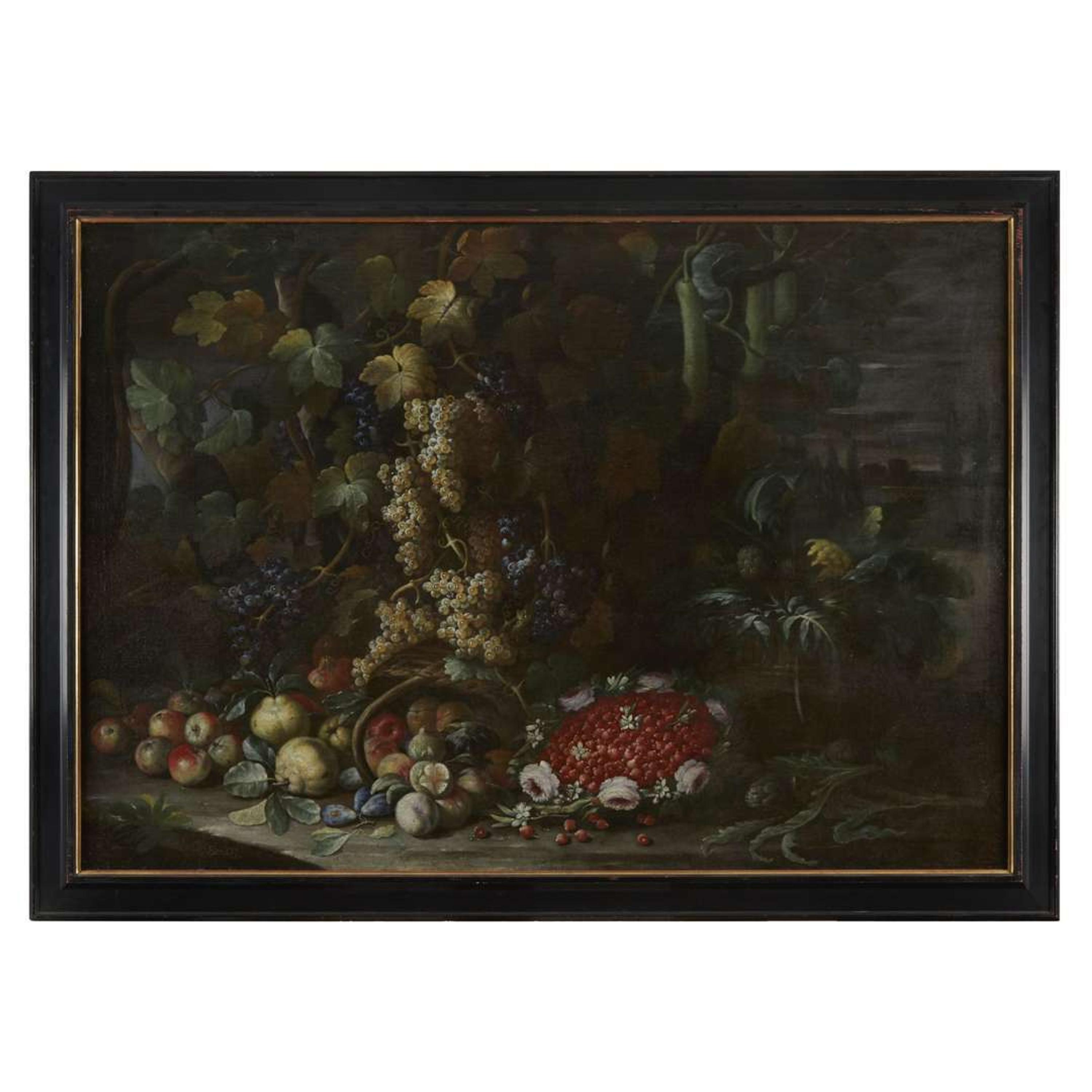 NEAPOLITAN SCHOOL (17TH CENTURY) STILL LIFE WITH FLOWERS, FRUITS AND VEGETABLES BESIDE A FOUNTAIN IN A VILLA GARDEN; TOGETHER WITH A COMPANION
