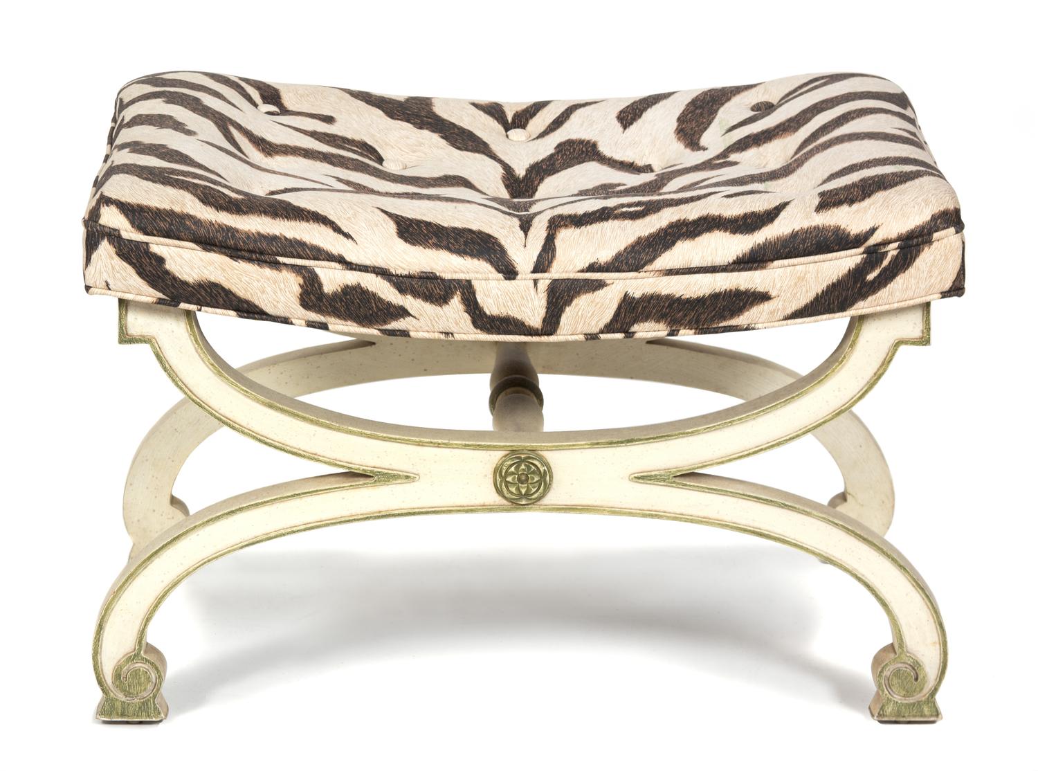 A Directoire Style Painted Curule-Form Tabouret Height 18 x width 27 x depth 18 inches. — 20TH CENTURY