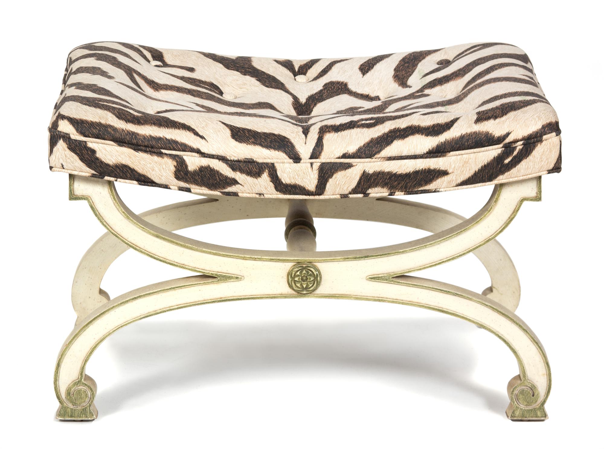A Directoire Style Painted Curule-Form Tabouret Height 18 x width 27 x depth 18 inches. — 20TH CENTURY