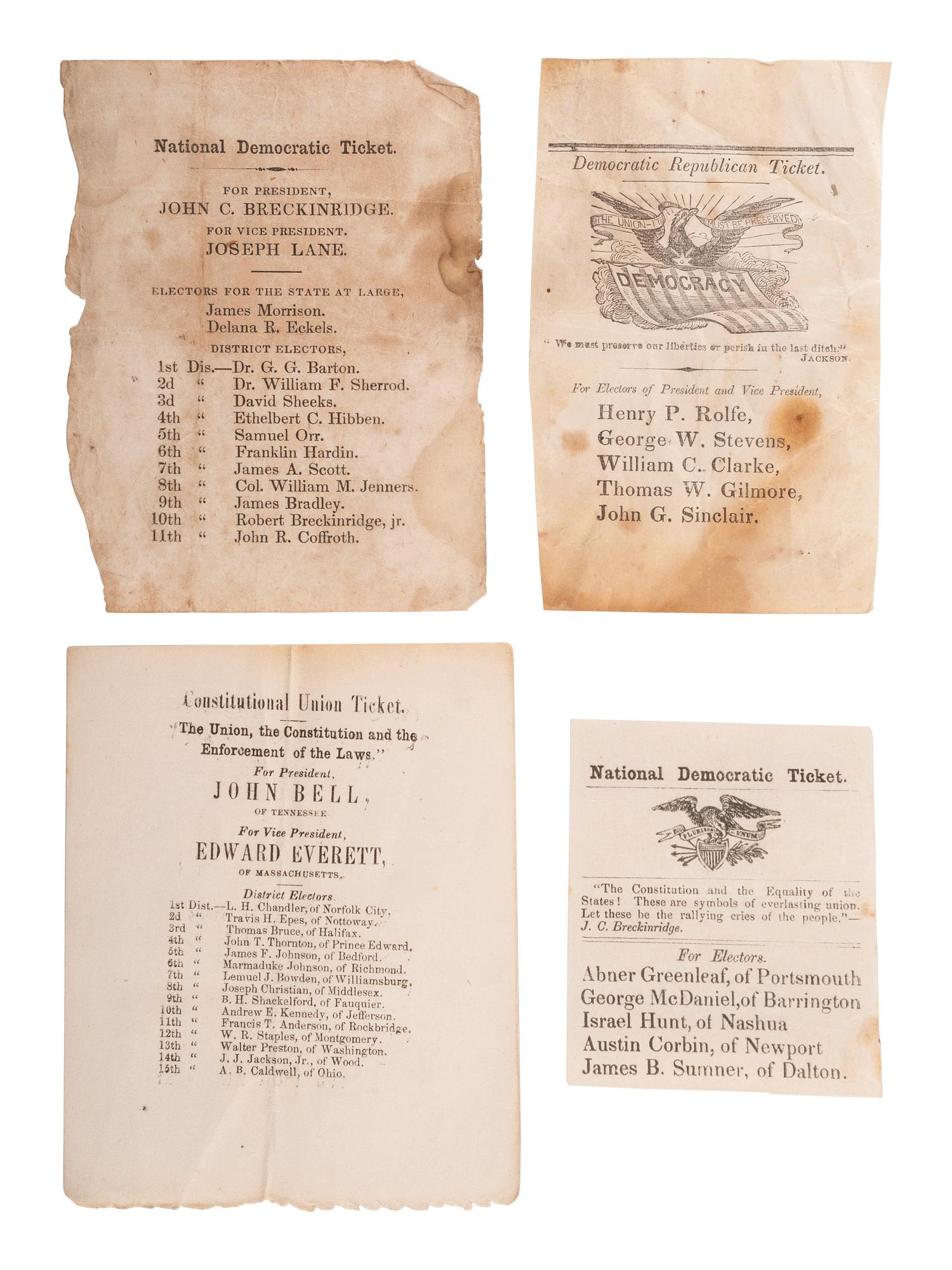 [POLITICS IN AMERICA -- 1860 ELECTION]. A group of ballots and pamphlets related to the 1860 presidential election.