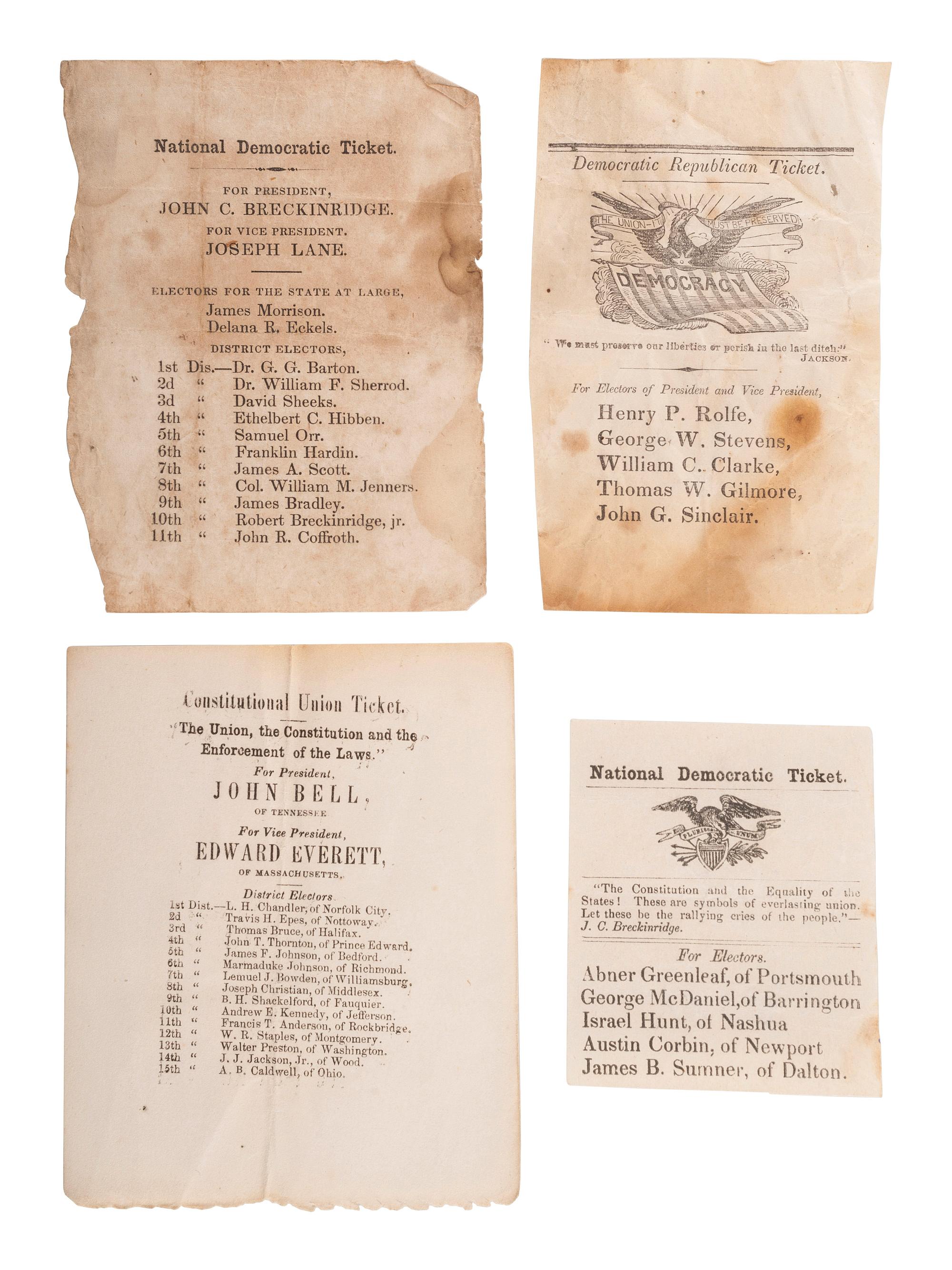 [POLITICS IN AMERICA -- 1860 ELECTION]. A group of ballots and pamphlets related to the 1860 presidential election.
