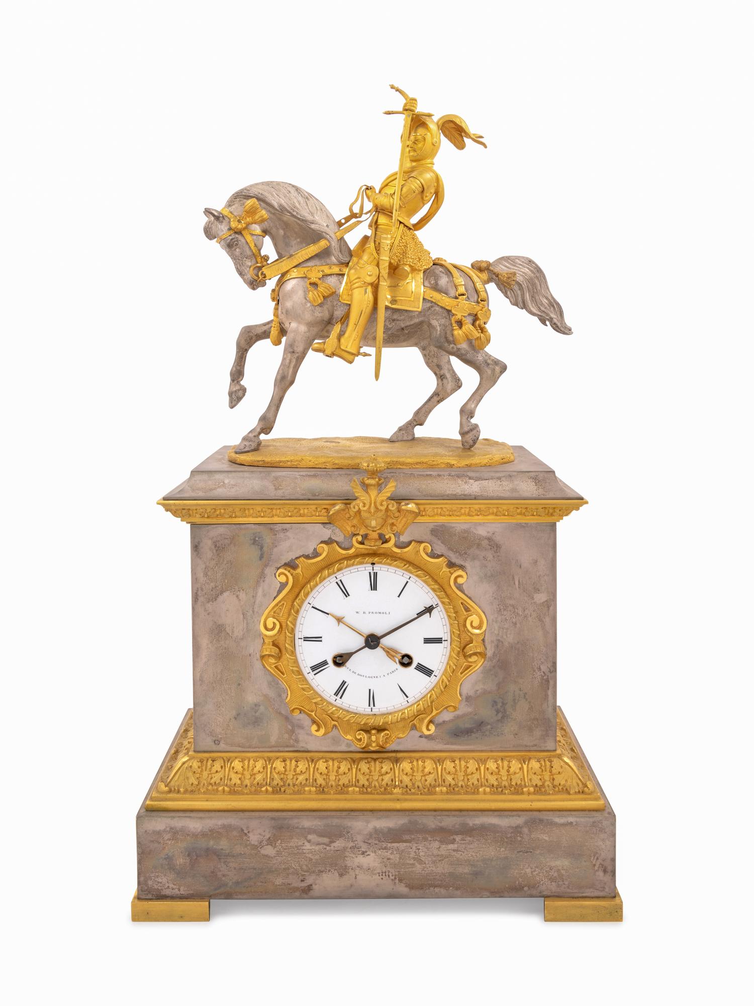 A French Gilt Bronze and Silvered Metal Figural Mantel Clock