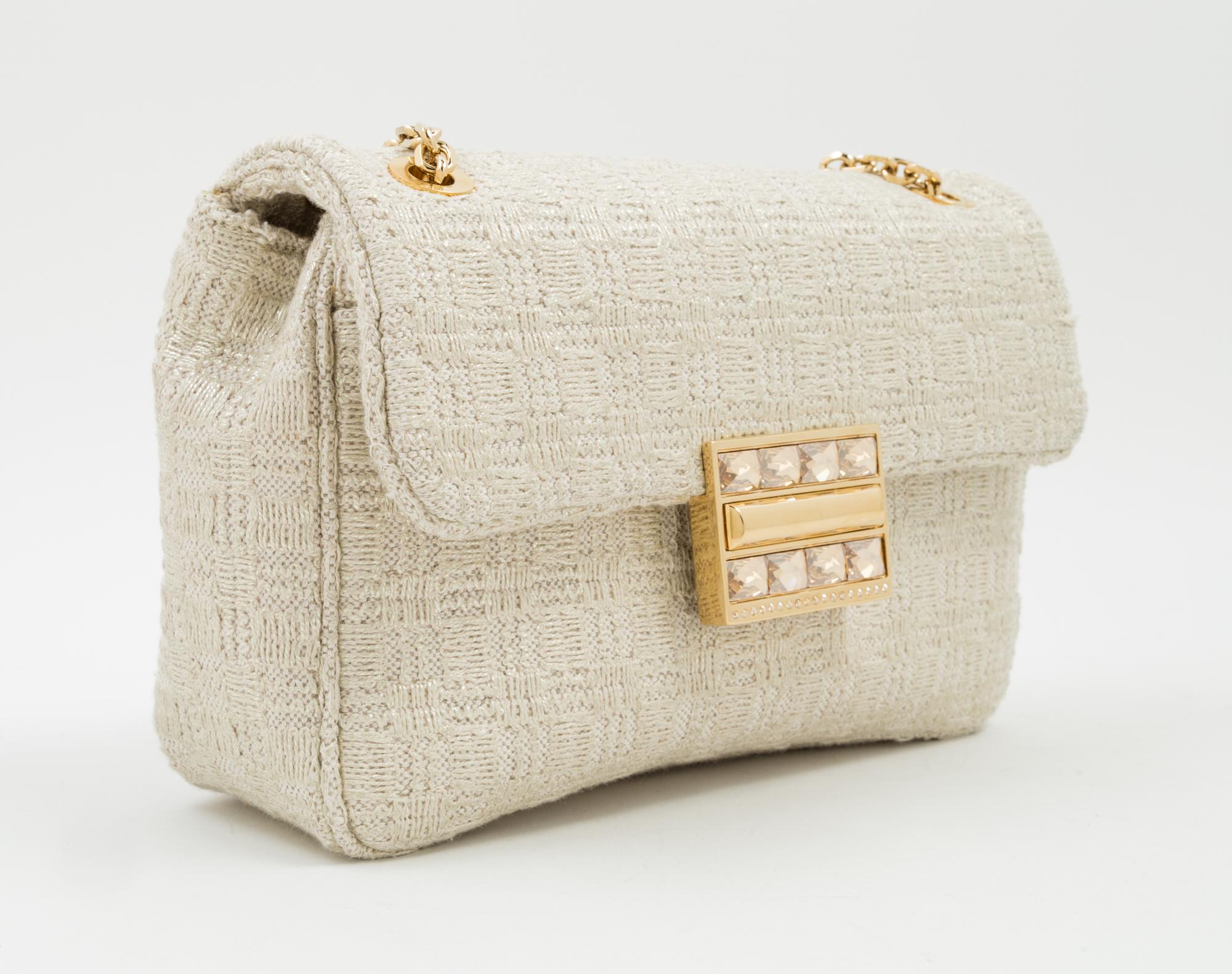 A Judith Leiber Cream Tweed Flap Handbag, 9.5" x 6.5" x 2.5".