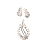CULTURED PEARL AND DIAMOND BROOCH AND CLIP EARRINGS