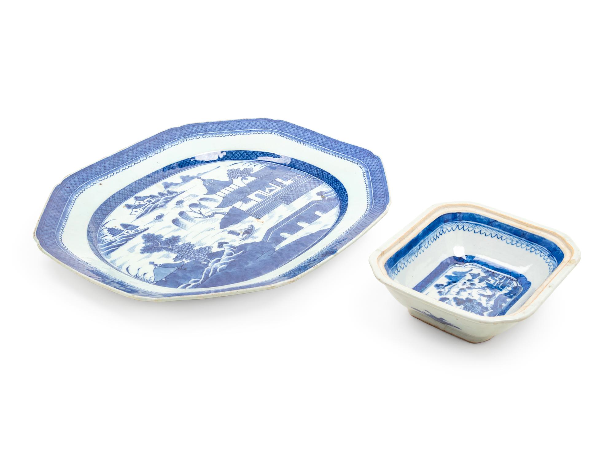 Two Chinese Export Canton Blue and White Porcelain Articles