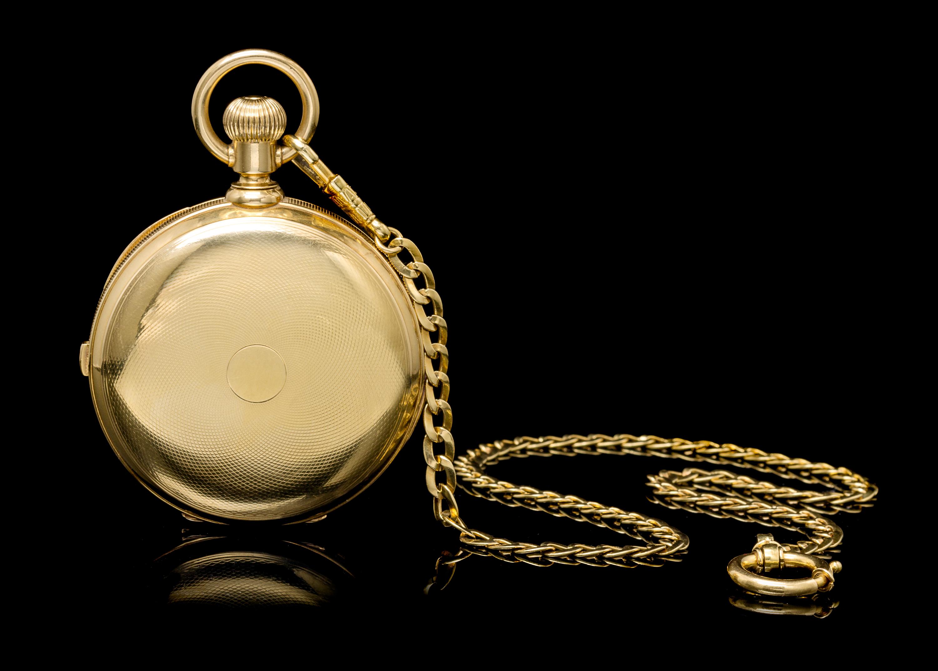 An 18 Karat Yellow Gold Hunter Case Chronograph Minute Repeater Pocket Watch, James Picard,