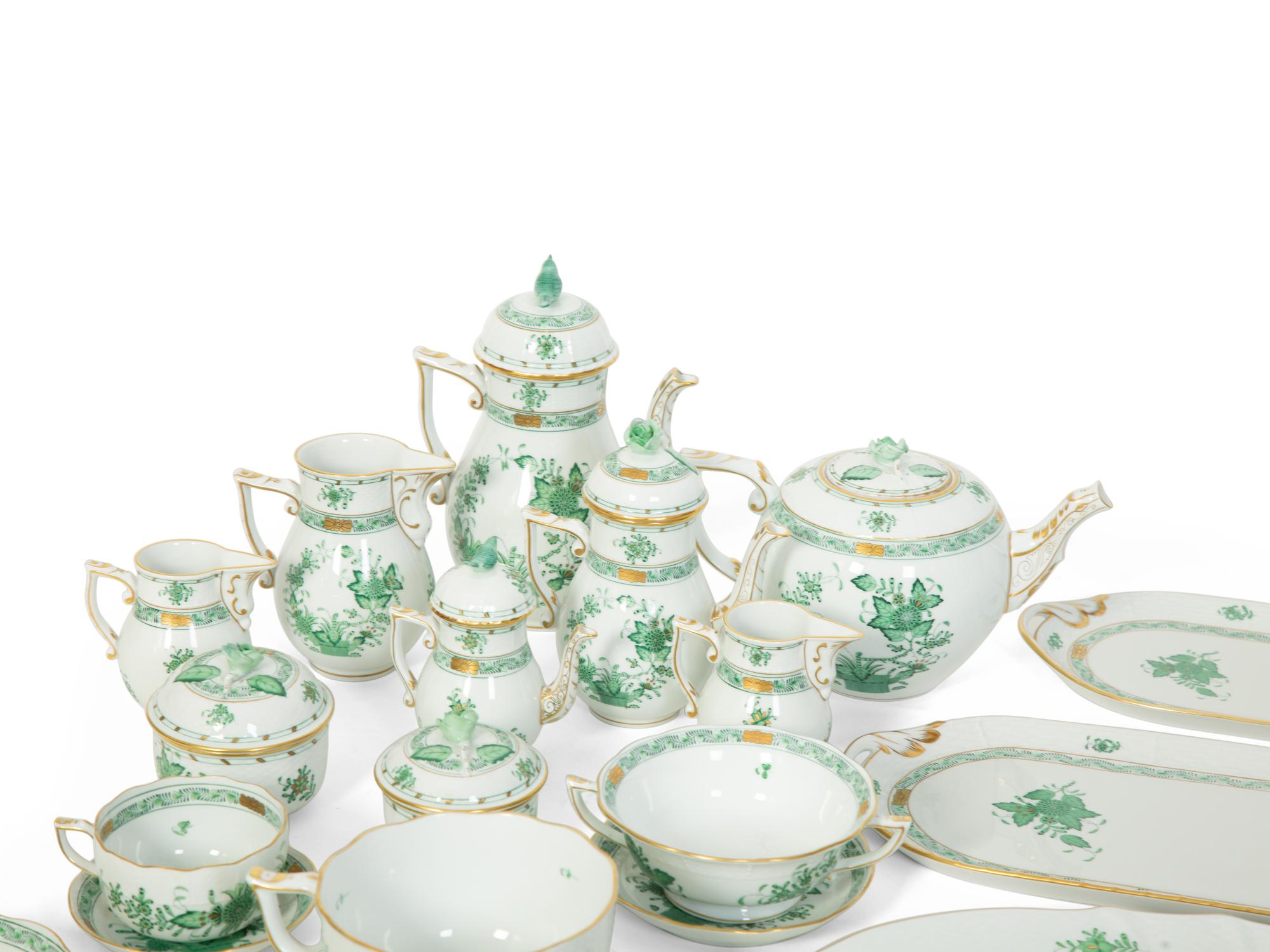 A Partial Herend Chinese Green Bouquet Porcelain Dinner Service and Serving Pieces — 20TH CENTURY