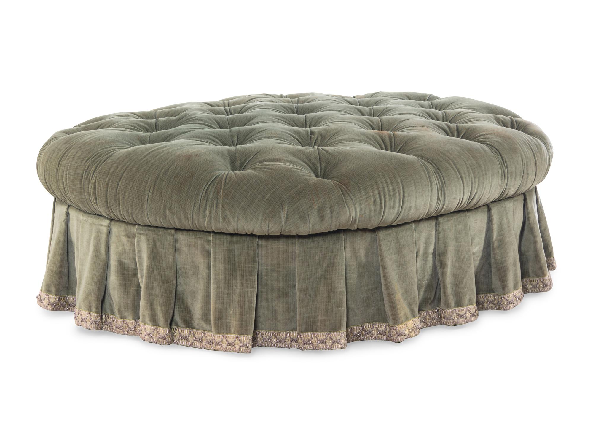 A Green Velvet Button Tufted Sofa and Ottoman