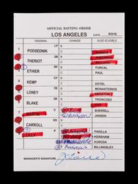 A Group of Five 2010 Joe Torre Signed Autograph Los Angeles Dodgers Umpire Lineup Cards from The Collection of Baseball Hall of Famer Ted Simmons,