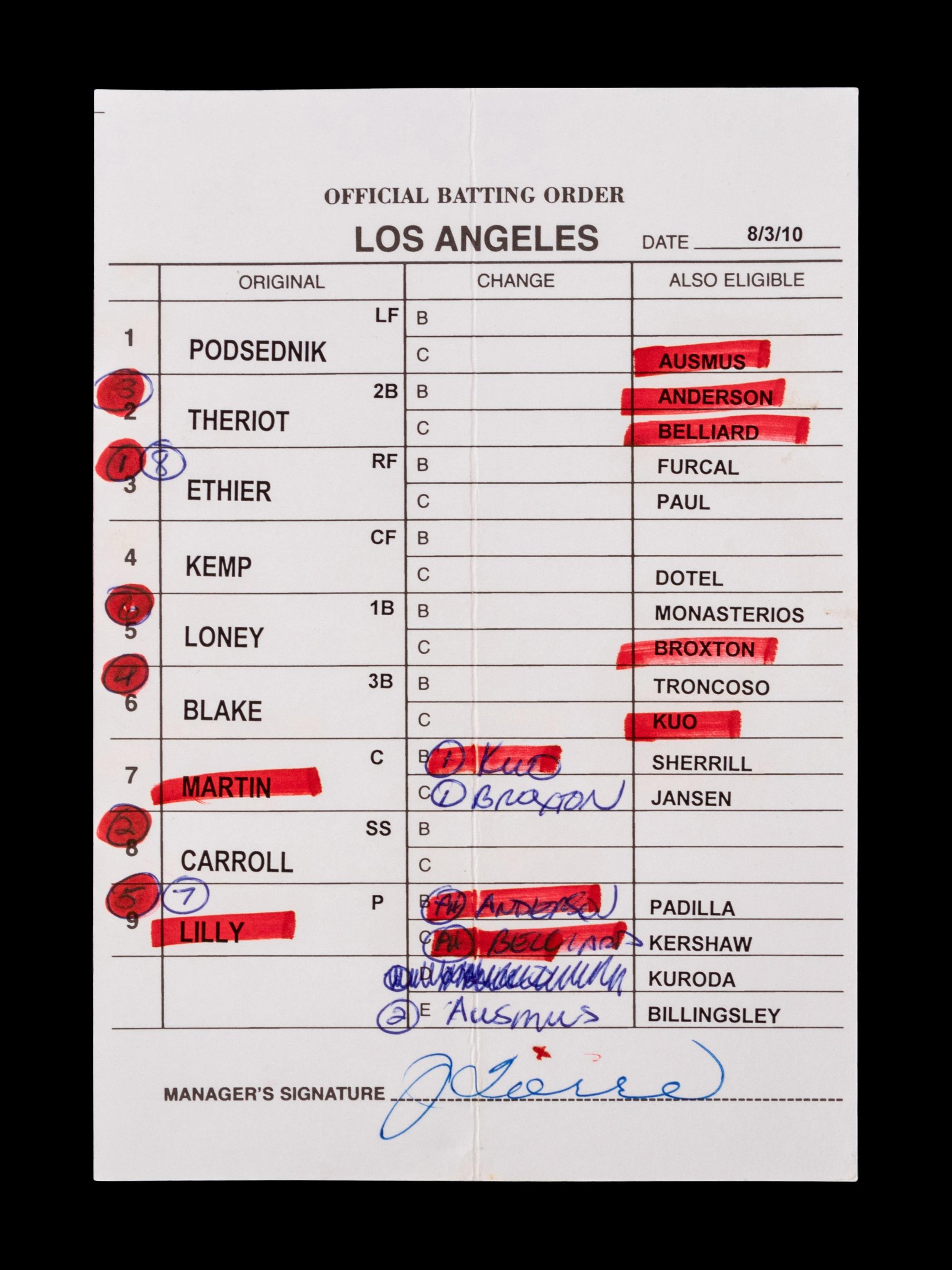 A Group of Five 2010 Joe Torre Signed Autograph Los Angeles Dodgers Umpire Lineup Cards from The Collection of Baseball Hall of Famer Ted Simmons,