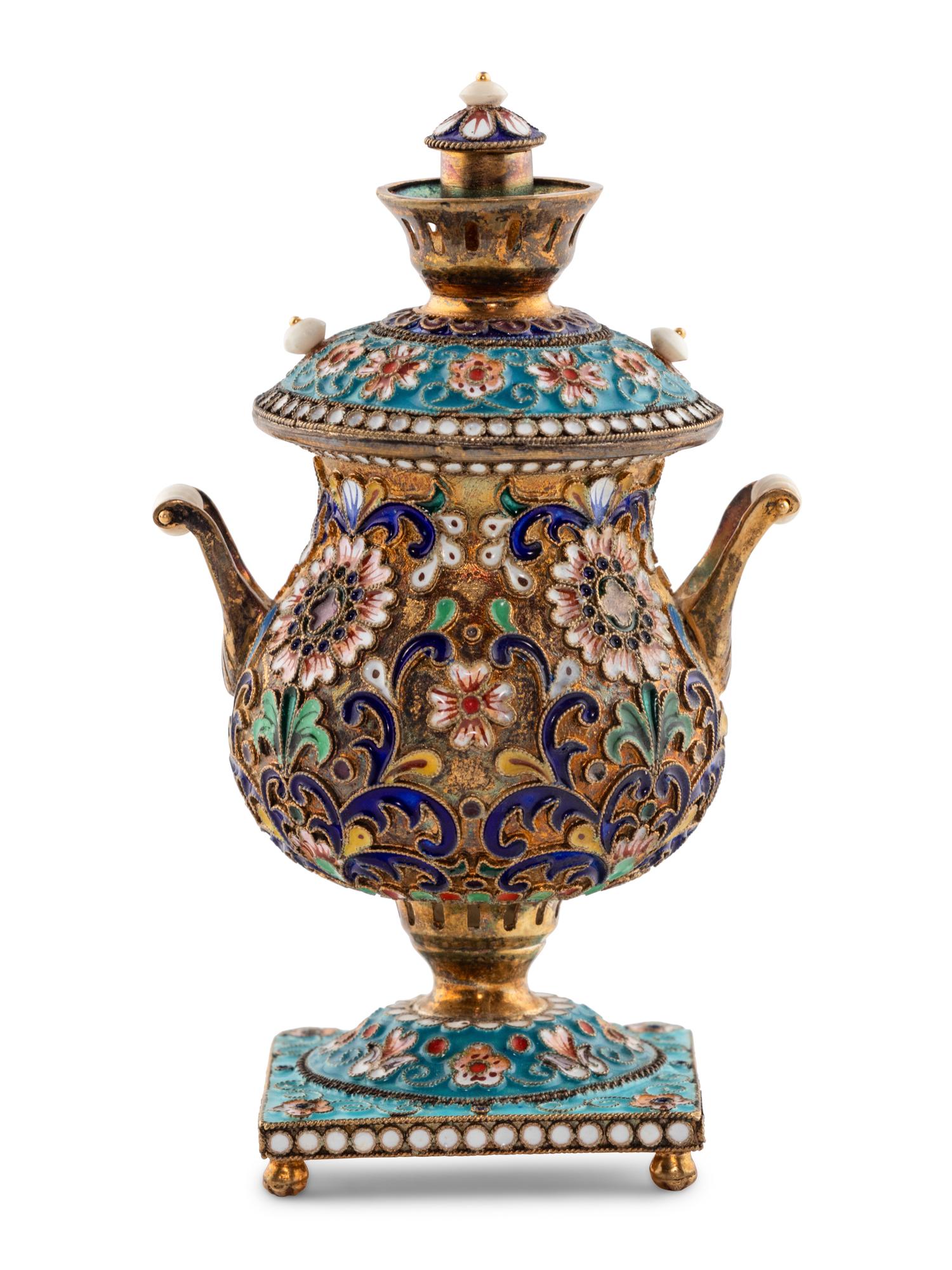 A Russian Enameled Silver Miniature Samovar