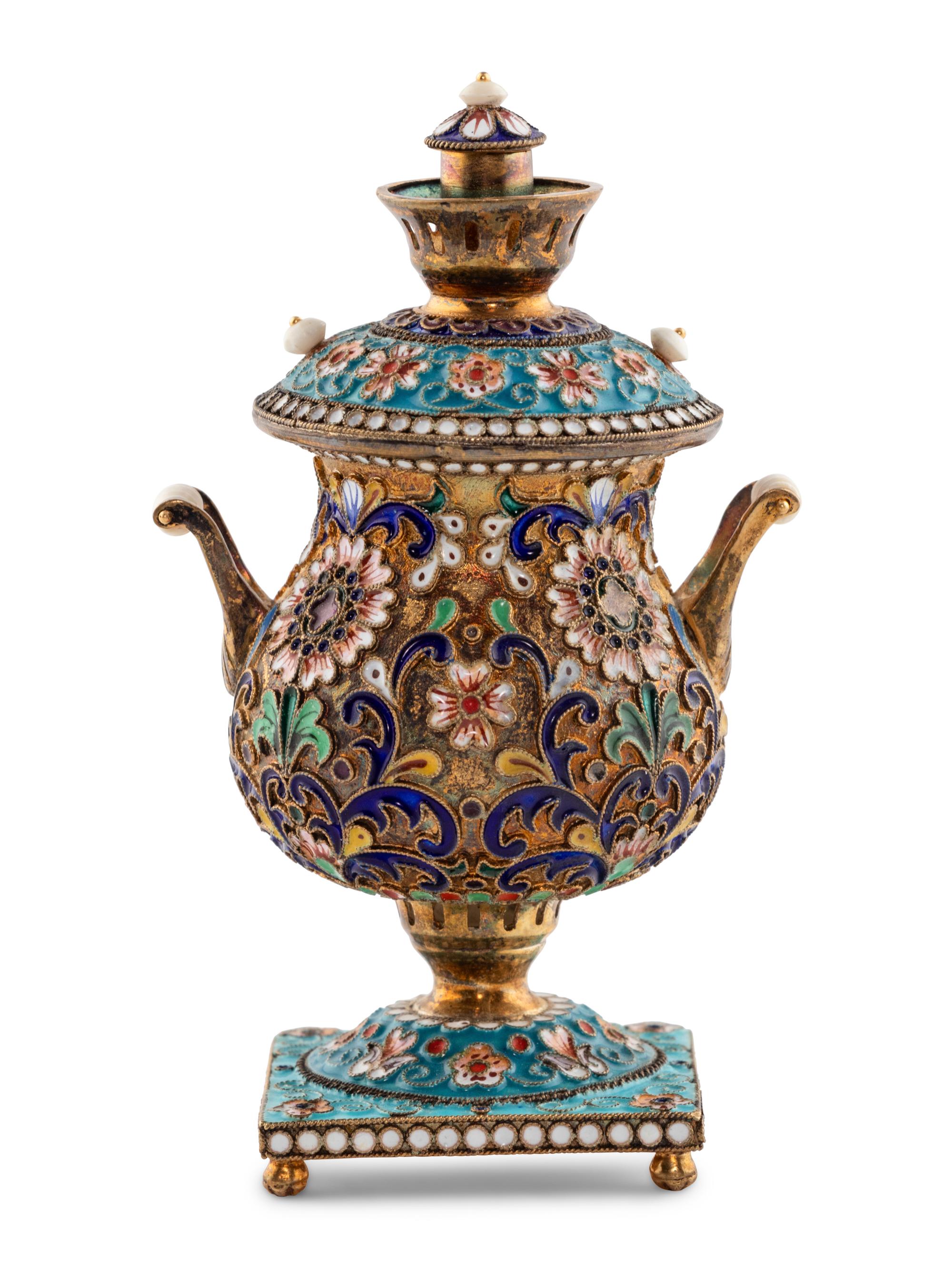 A Russian Enameled Silver Miniature Samovar