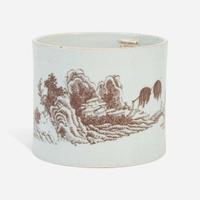 A Chinese underglaze red-decorated porcelain brush pot 釉里红画山水笔筒